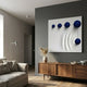 Galactica White Wood Relief 3D Wall Art with five graduated glossy blue metal spheres above carved ripples, displayed above a wooden sideboard in a grey lounge.