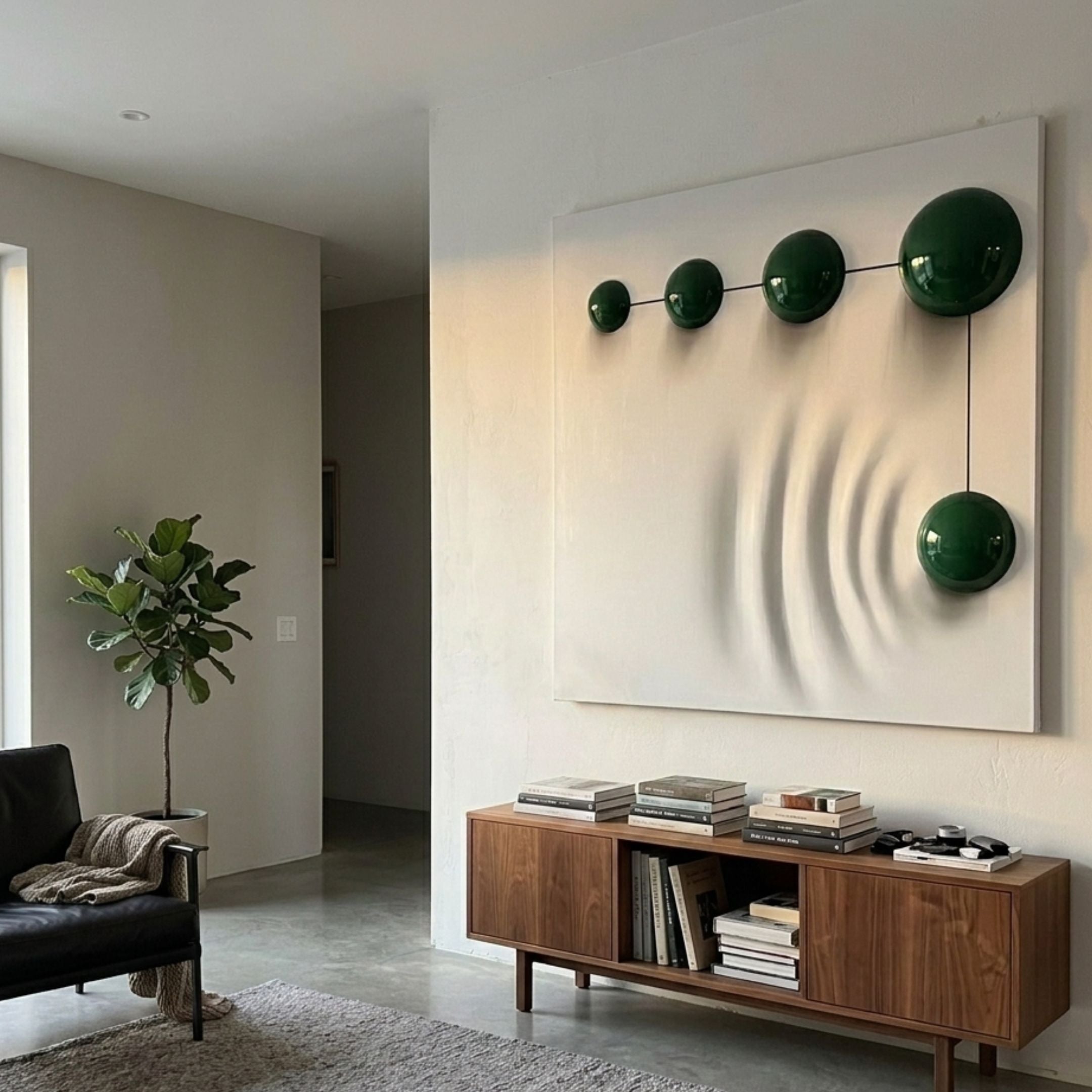 Galactica White Wood Relief 3D Wall Art by Giant Sculptures, with five green metal spheres on a carved rippled panel, displayed above a walnut sideboard.