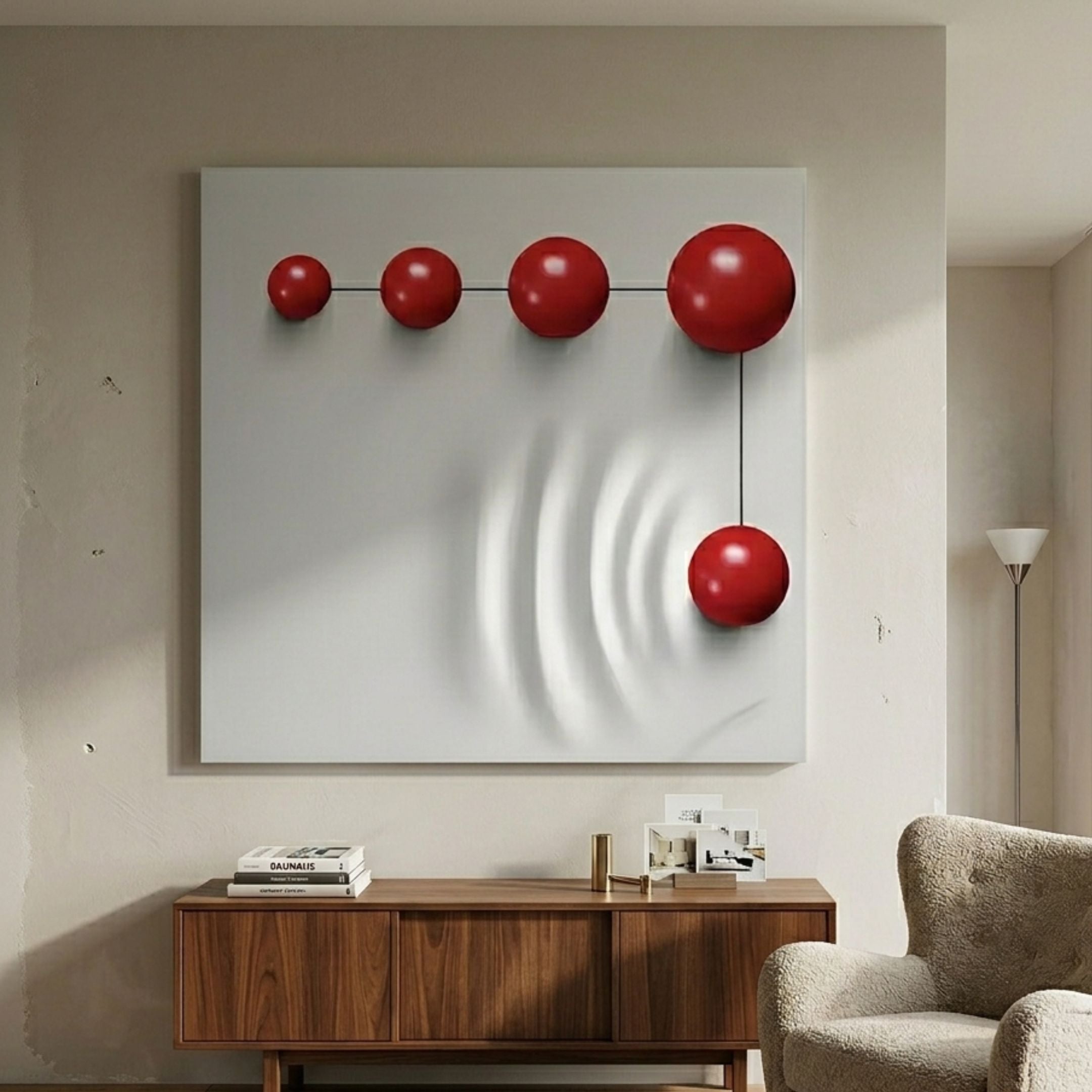 Galactica White Wood Relief 3D Wall Art by Giant Sculptures, showing five red metal spheres on a rippled light-grey panel above a walnut sideboard.