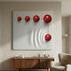 Galactica White Wood Relief 3D Wall Art by Giant Sculptures, showing five red metal spheres on a rippled light-grey panel above a walnut sideboard.