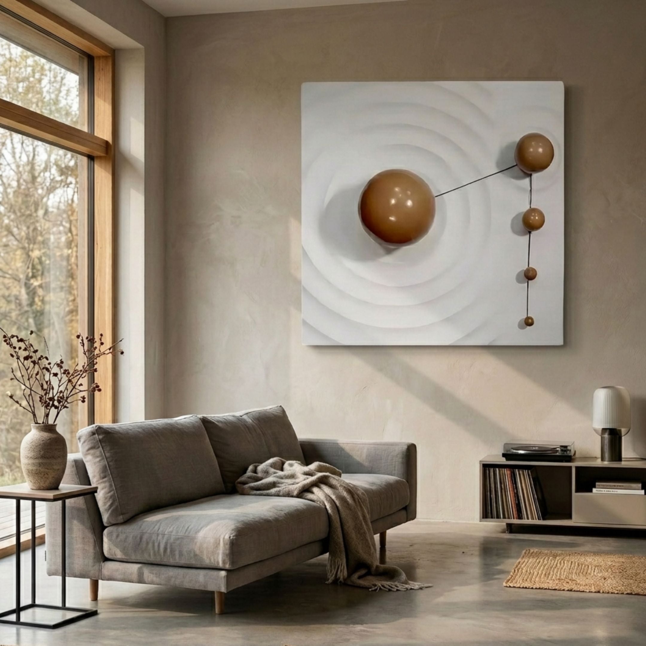 Galactica White Wood Relief 3D Wall Art with brown metal spheres on black rods, displayed above a grey sofa in a Nordic-style living room.