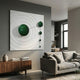 Galactica White Wood Relief 3D Wall Art with green metal spheres by Giant Sculptures displayed in a modern grey living room above a walnut sideboard.