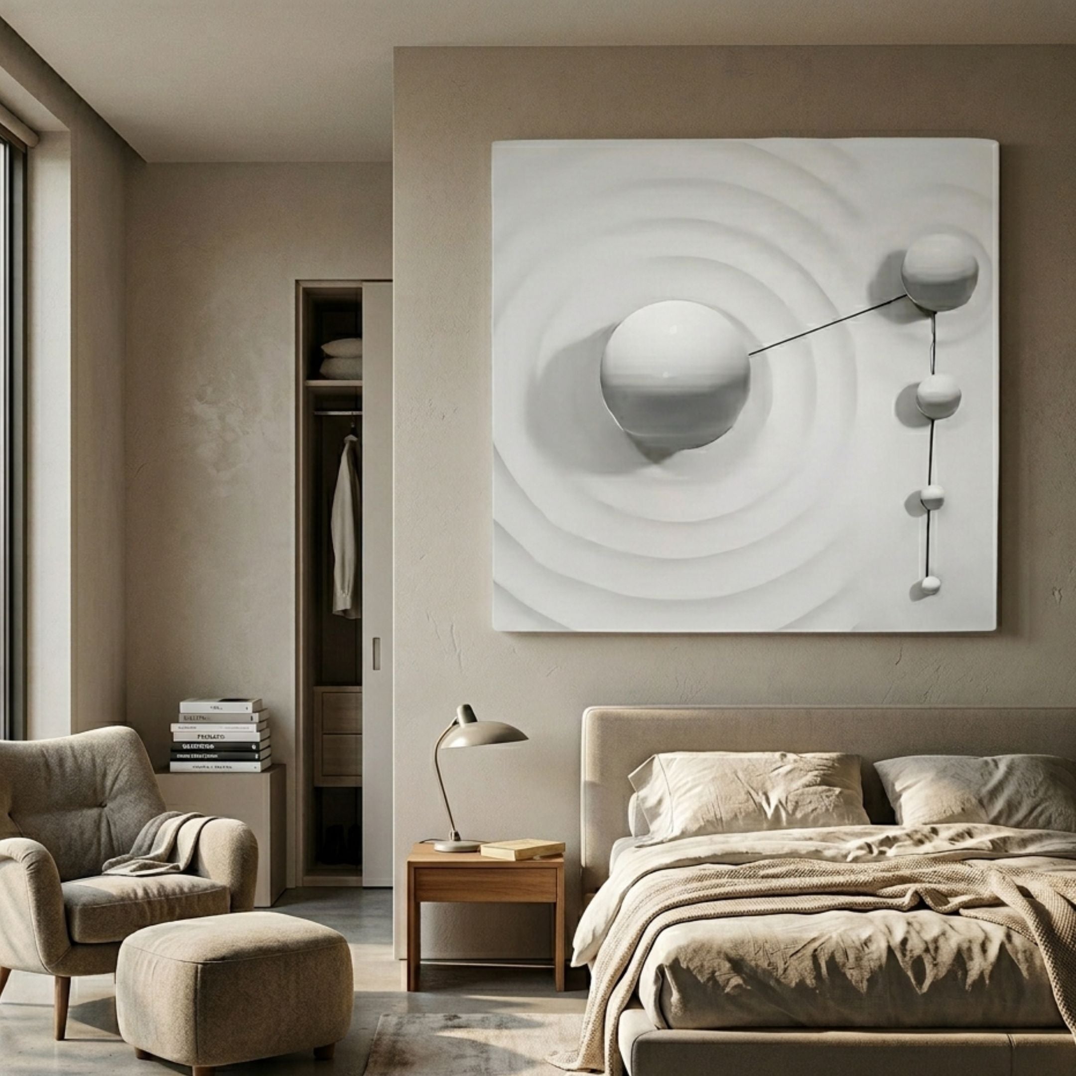 Galactica White Wood Relief 3D Wall Art with white metal spheres displayed above a bed in a neutral bedroom with armchair, ottoman, and wooden nightstand.