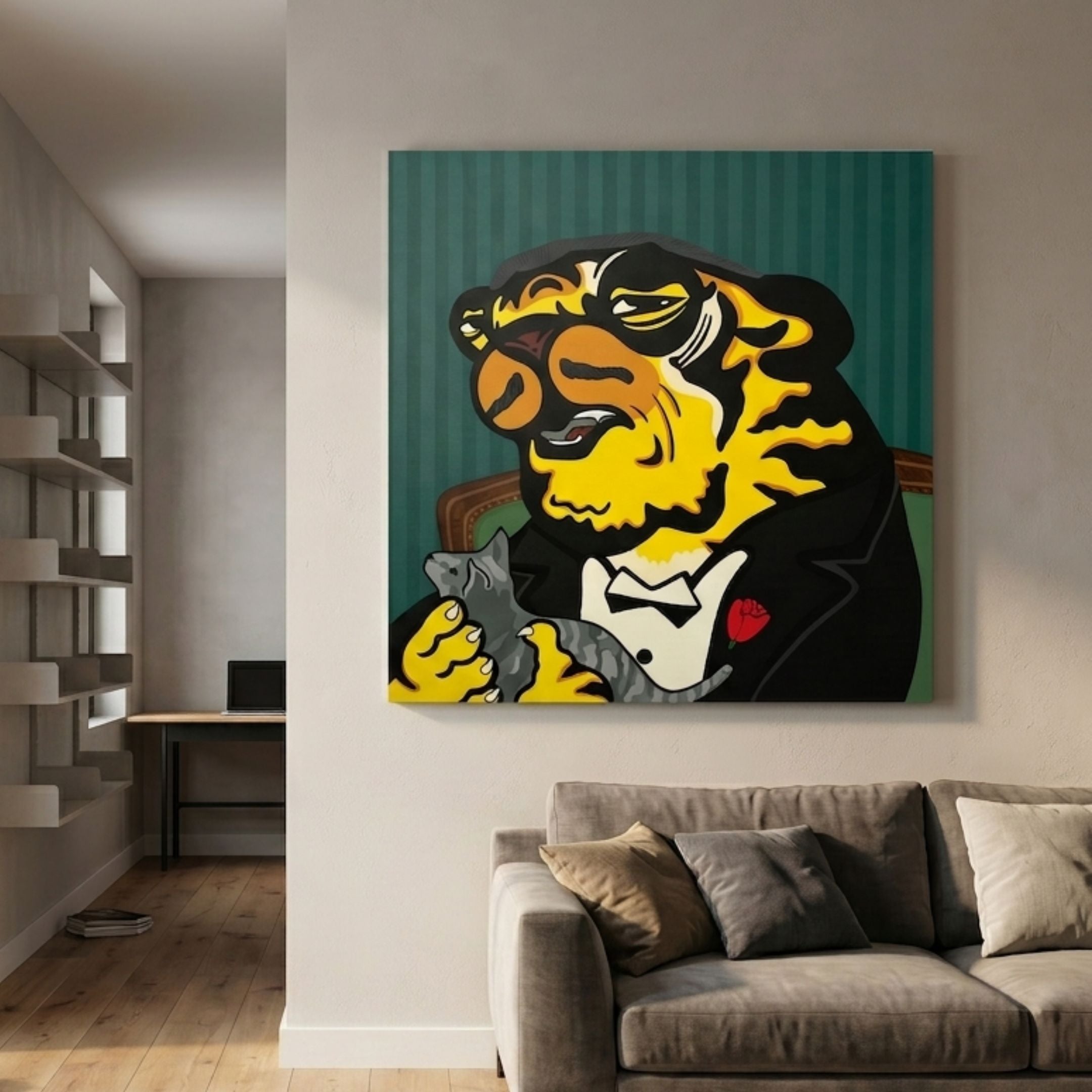 Godfather Tiger Pop Art Canvas Painting by Giant Sculptures, showing a tuxedo-clad tiger cradling a grey kitten, displayed above a sofa in a living room.