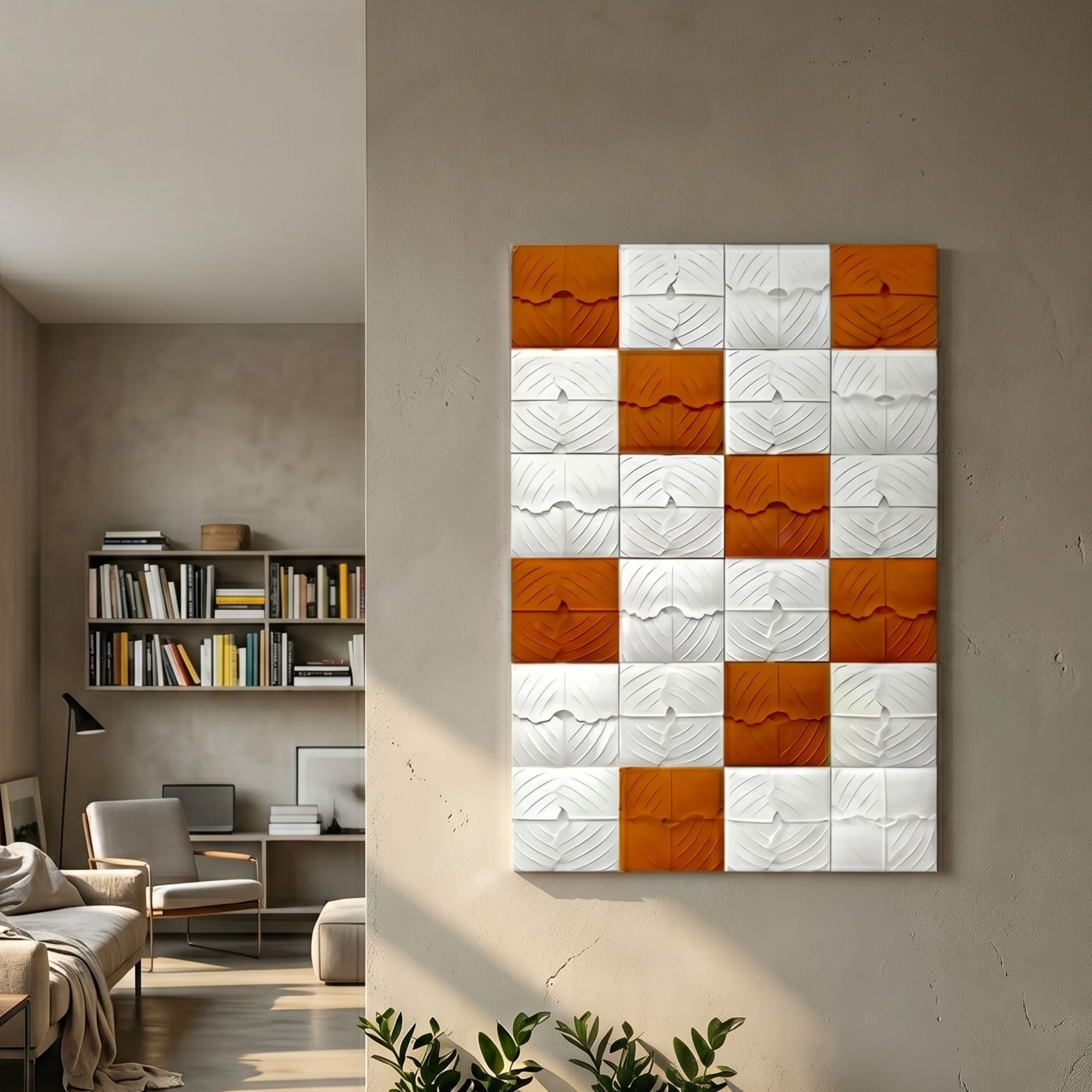 Vellura White & Orange Textured Wood Relief 3D Wall Art by Giant Sculptures mounted on a beige wall in a modern living room with bookshelf and armchair.