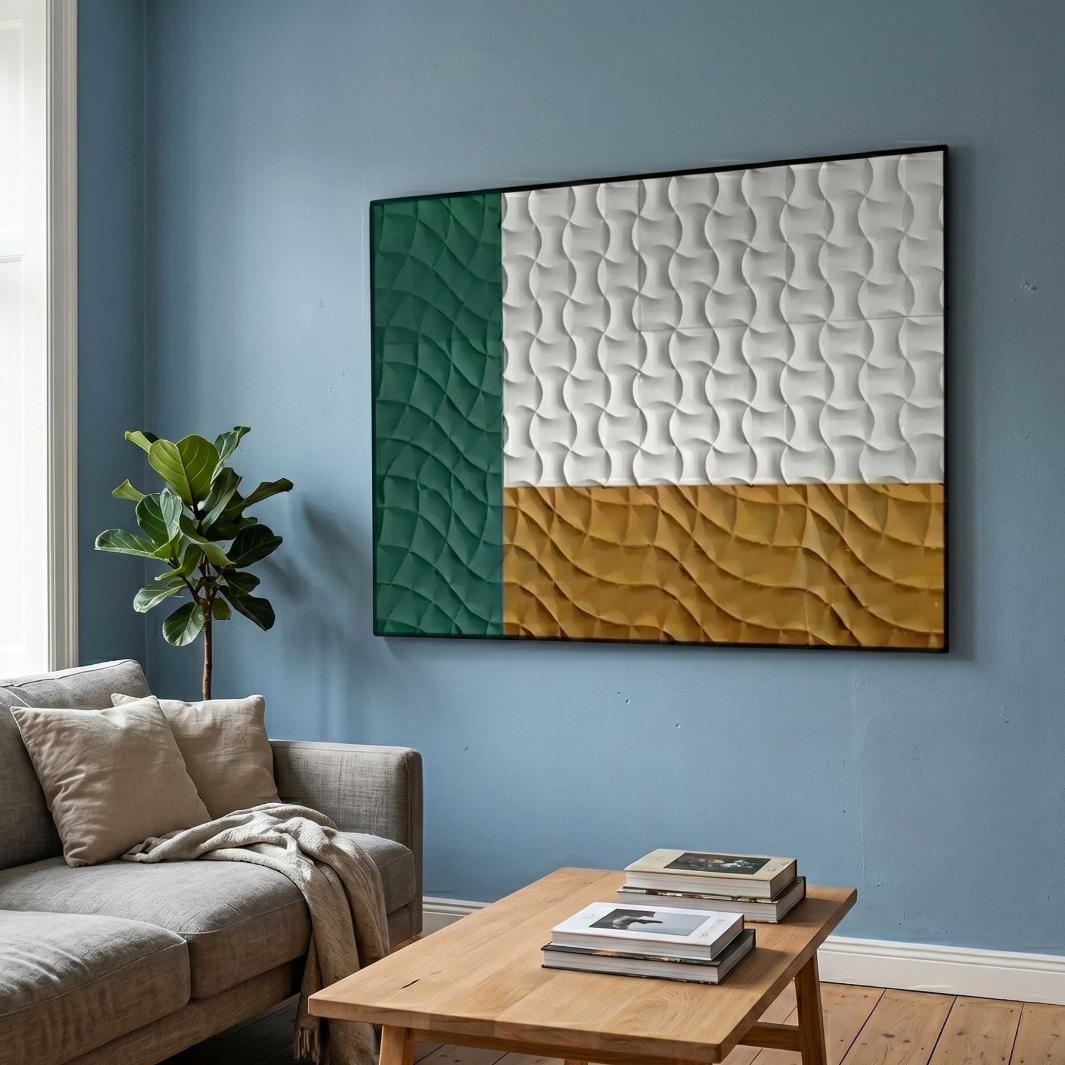 Trelume White, Green & Gold Wavy Wood Relief 3D Wall Art by Giant Sculptures displayed on a blue living room wall above a grey sofa and wooden coffee table.