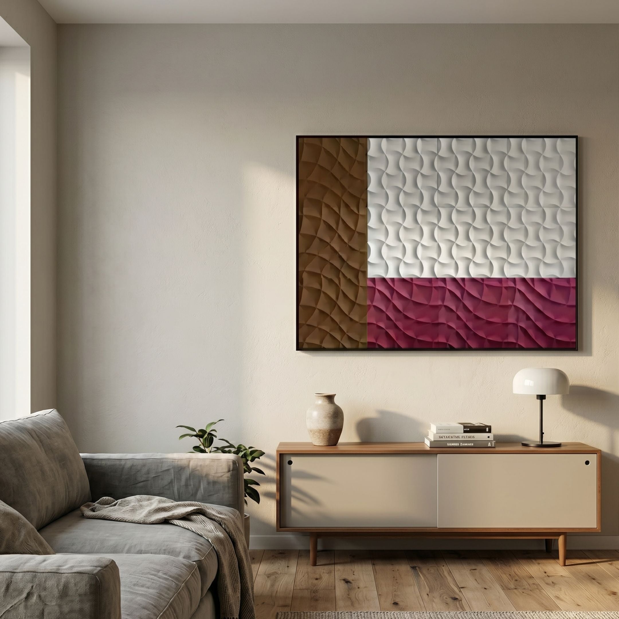 Trelume White, Brown & Rose Wavy Wood Relief 3D Wall Art by Giant Sculptures mounted above a wooden sideboard in a modern living room with grey sofa.