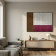 Trelume White, Brown & Rose Wavy Wood Relief 3D Wall Art by Giant Sculptures mounted above a wooden sideboard in a modern living room with grey sofa.