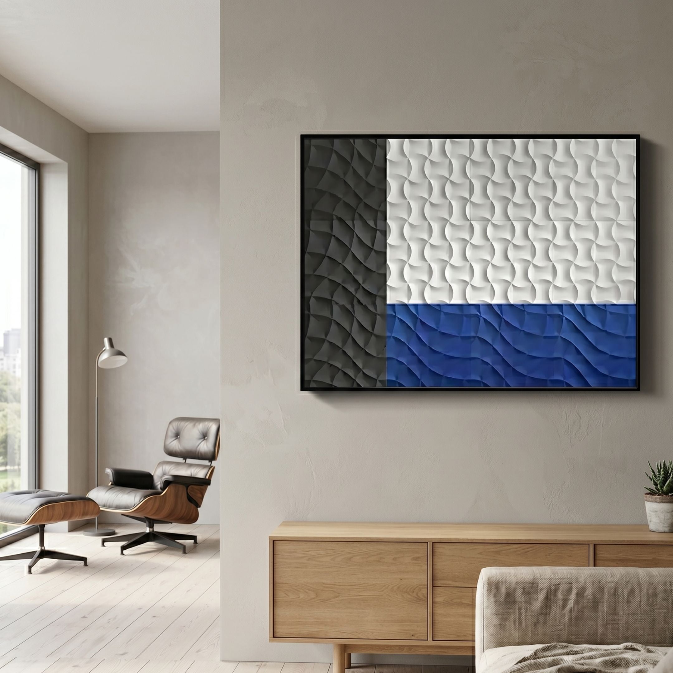 Trelume White, Black & Blue Wavy Wood Relief 3D Wall Art displayed in a modern living room above a wooden sideboard, beside a leather lounge chair.