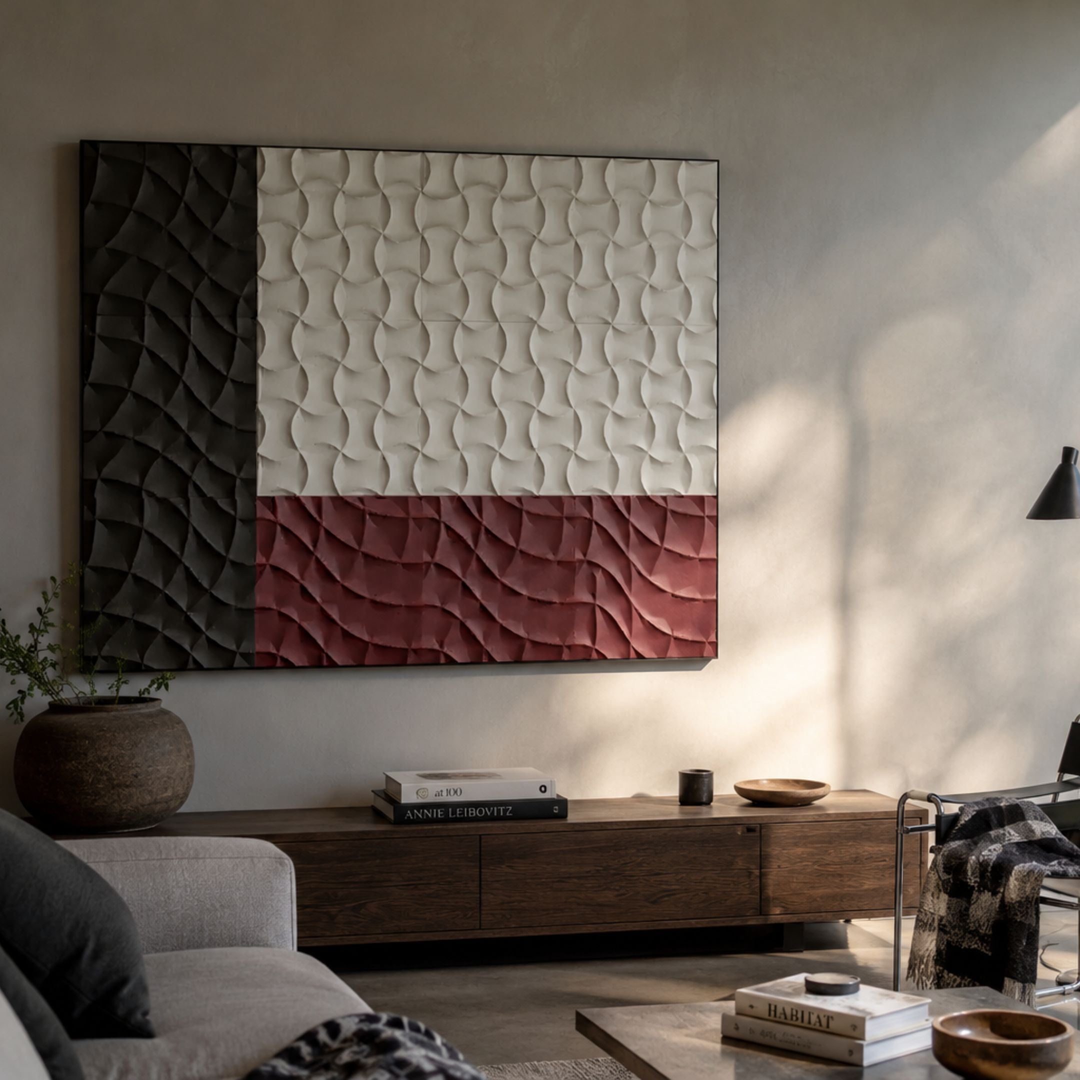 Trelume White, Black & Rose Wavy Wood Relief 3D Wall Art by Giant Sculptures mounted above a dark wood console in a contemporary living room.