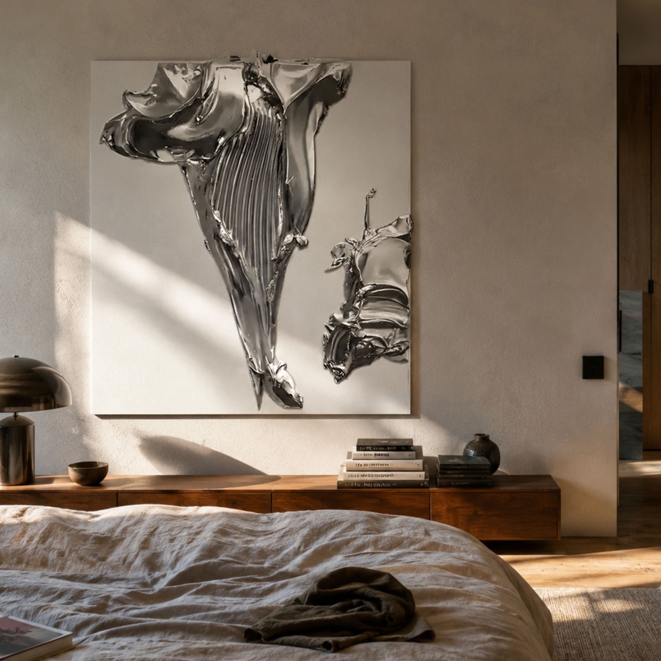 Opulina White & Silver II Wood Relief 3D Wall Art by Giant Sculptures displayed above a wooden console with books and lamp in a sunlit bedroom.
