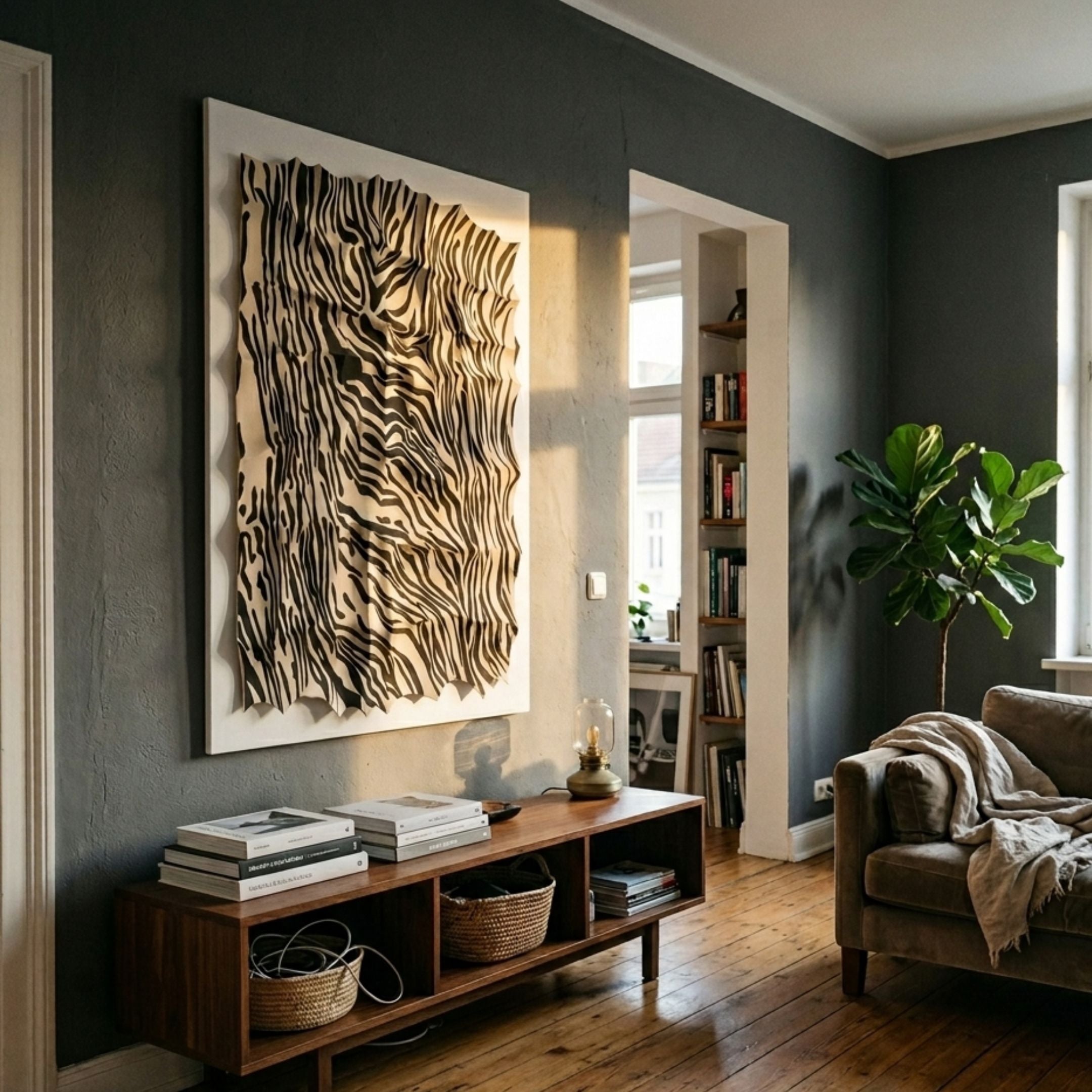 Novara Zebra III Hand-Painted Wood Relief 3D Wall Art by Giant Sculptures, displayed above a mid-century wood console in a grey-walled living room with armchair.