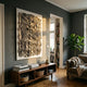 Novara Zebra III Hand-Painted Wood Relief 3D Wall Art by Giant Sculptures, displayed above a mid-century wood console in a grey-walled living room with armchair.