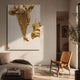 Opulina White & Gold II Wood Relief 3D Wall Art by Giant Sculptures, sculptural gold strokes on white canvas, displayed above a beige sofa in a sunlit living room.