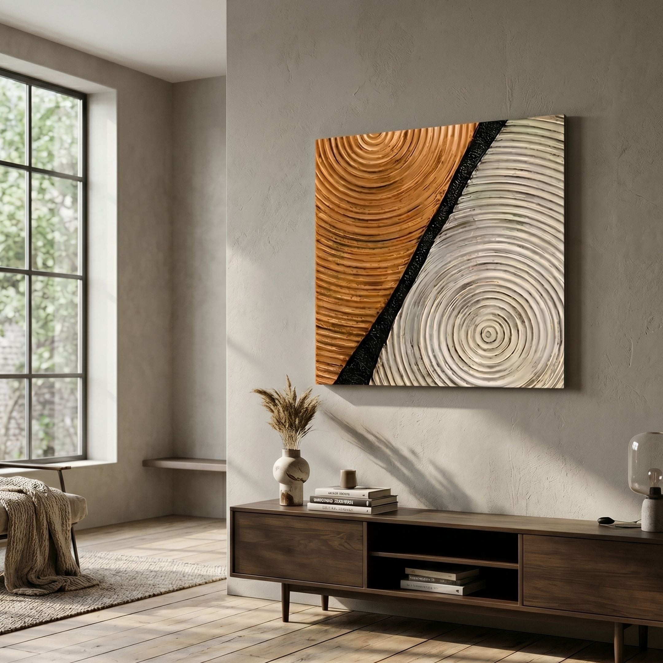 Artura Honey & Ivory Square Hand-Painted 3D Relief Wall Art with concentric honey-brown and ivory textures split by a black diagonal, displayed above a walnut console.