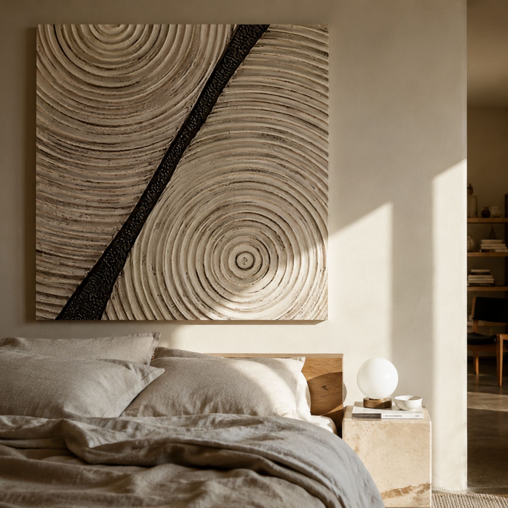 Artura Ivory Square Hand-Painted 3D Relief Wall Art by Giant Sculptures above a linen-dressed bed with travertine nightstand in a warm neutral bedroom.