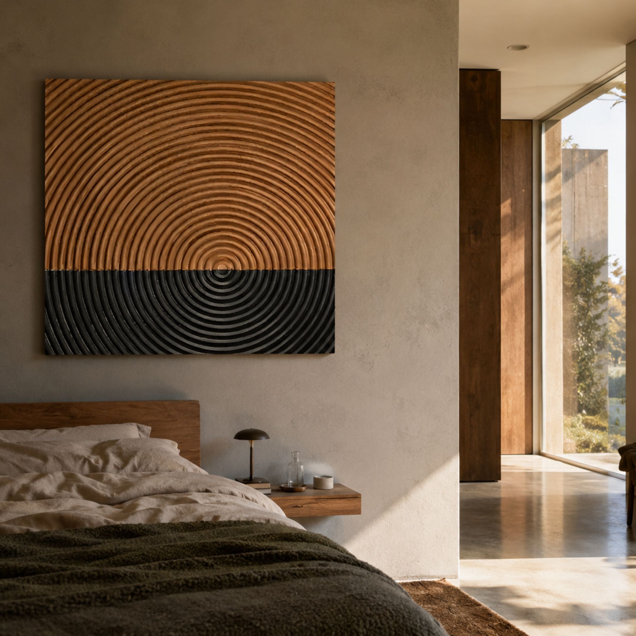 Artura Honey & Black Square Hand-Painted 3D Relief Wall Art with concentric ridges mounted above a wooden bed in a sunlit wabi-sabi bedroom.