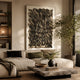 Novara Zebra II Hand-Painted Wood Relief 3D Wall Art by Giant Sculptures mounted above a beige sectional sofa with stone coffee table and indoor tree.