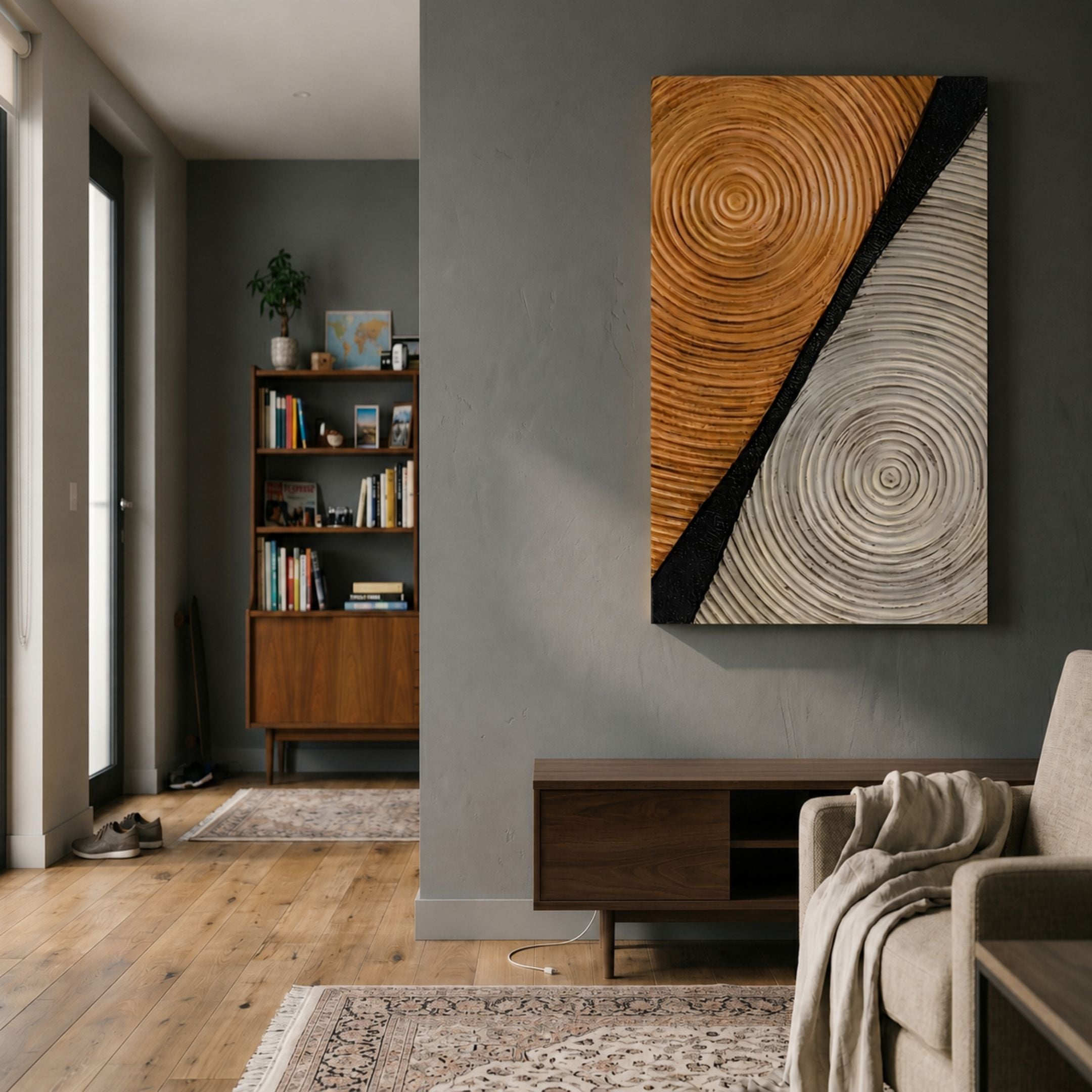 Artura Honey & Ivory Hand-Painted 3D Relief Wall Art mounted on a grey wall in a modern living room with a walnut console, bookshelf, and linen sofa.