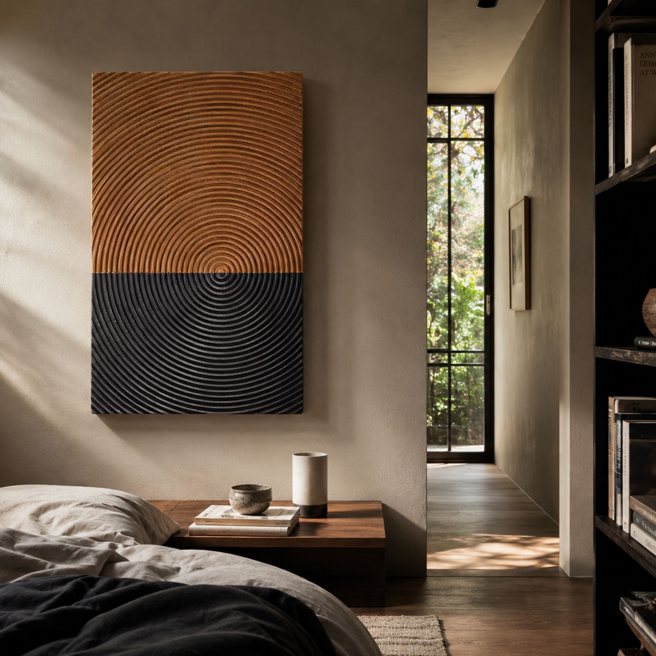 Artura Honey & Black Hand-Painted 3D Relief Wall Art with concentric carved grooves mounted above a wooden bedside table in a warm minimalist bedroom.