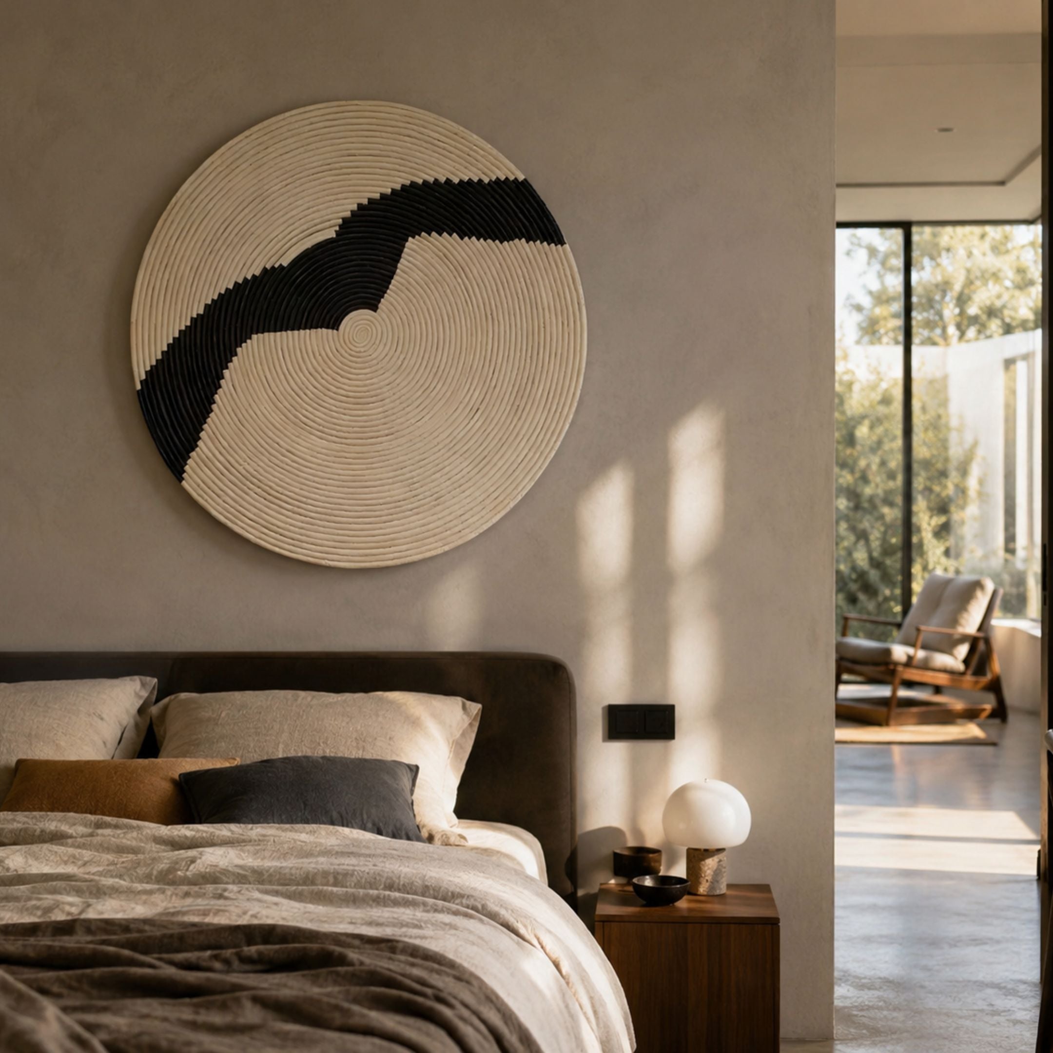 Artura Ivory Round Hand-Painted 3D Relief Wall Art by Giant Sculptures mounted above an upholstered bed with linen bedding and a walnut nightstand.