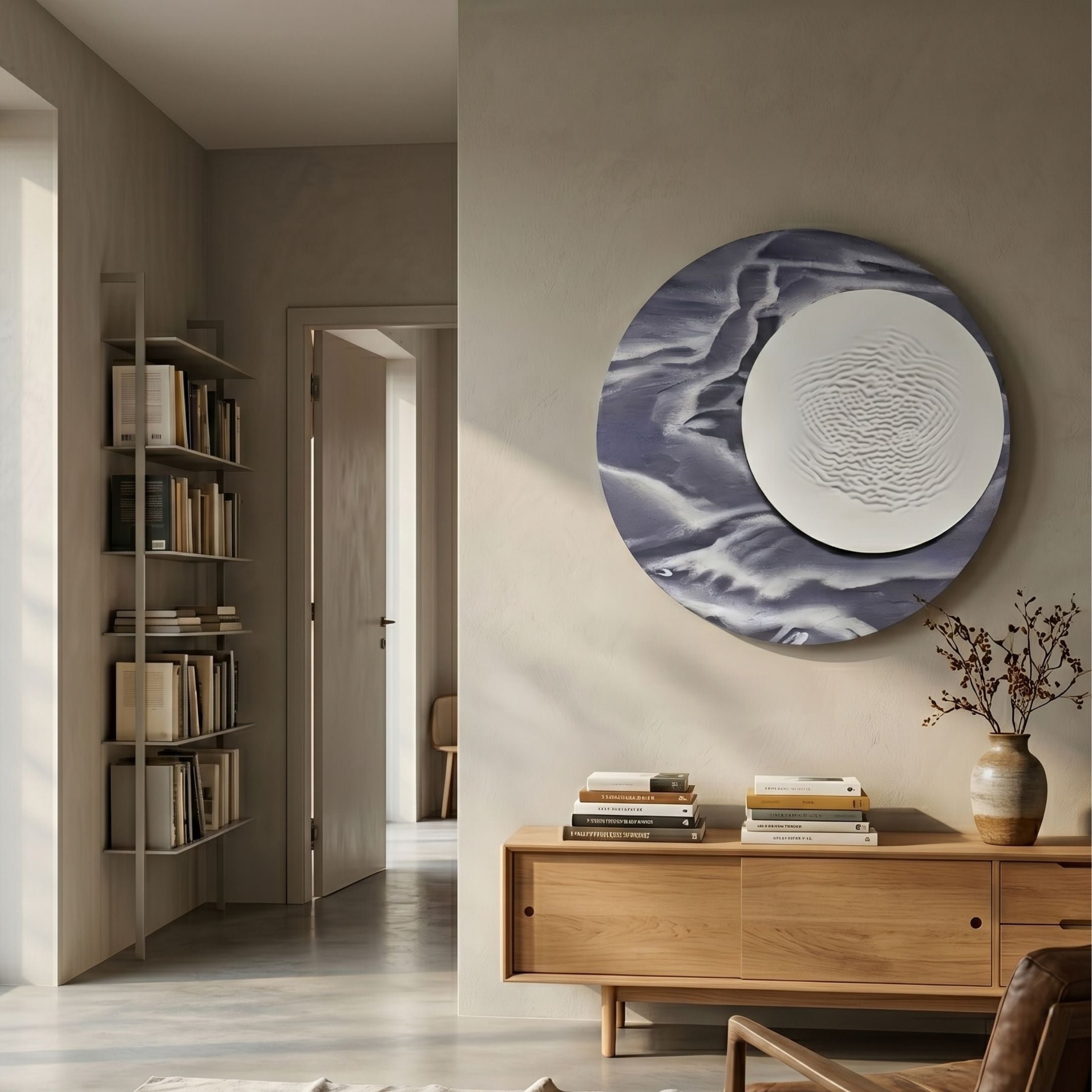 Reveria Dusty Lavender Abstract Wood Carving 3D Wall Art mounted above an oak sideboard with books and a vase, beside a bookshelf in a sunlit hallway.