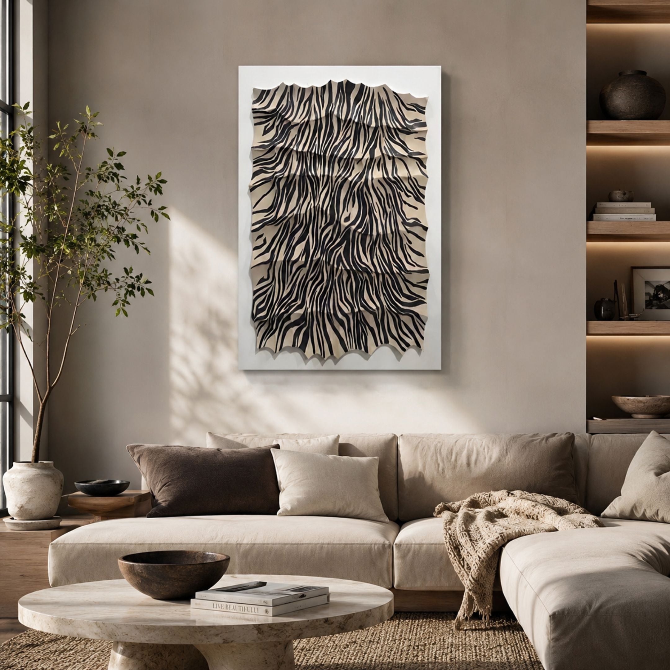 Novara Zebra I Hand-Painted Wood Relief 3D Wall Art with black stripes on cream draped texture, displayed above a beige sofa in a neutral living room.