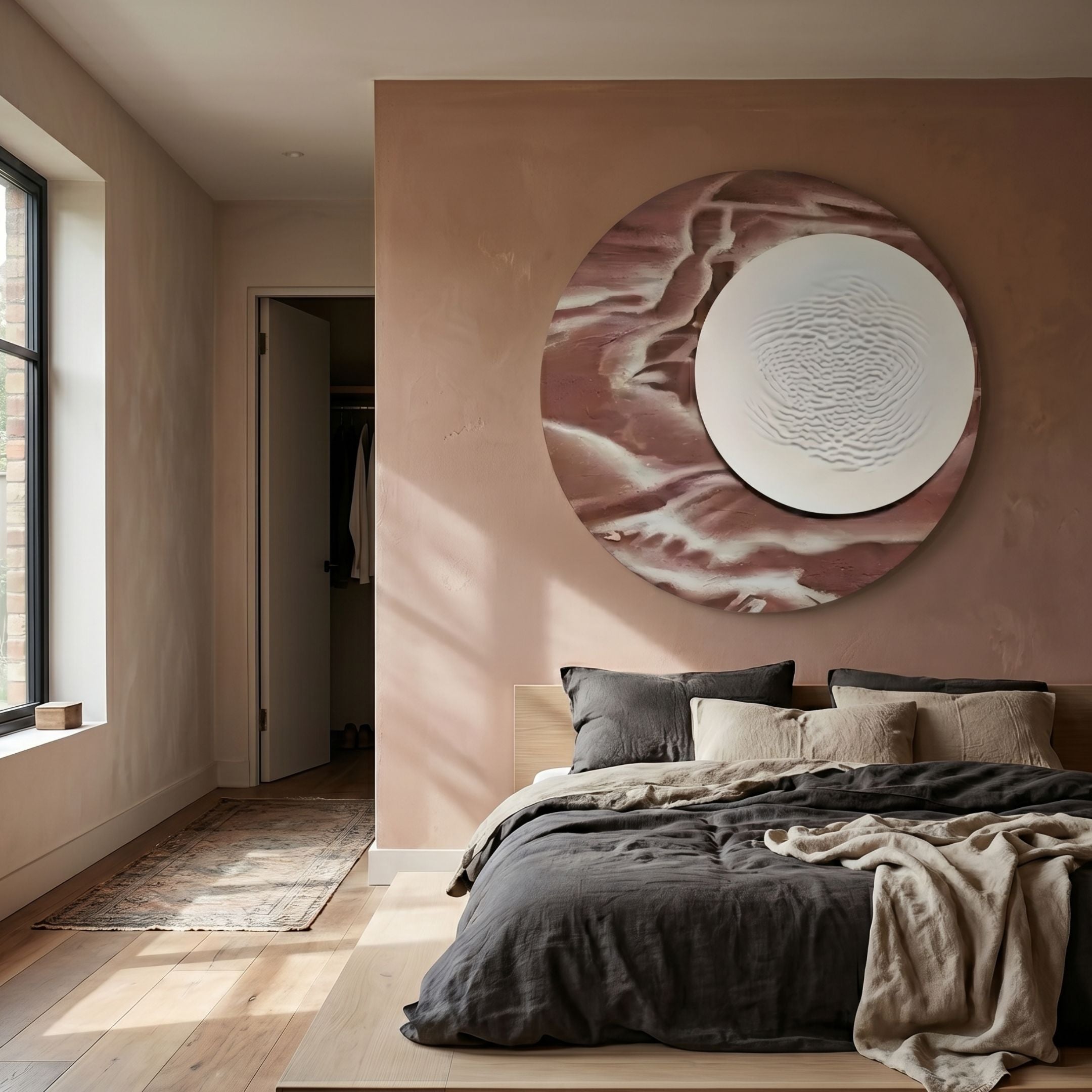 Reveria Dusty Plum Abstract Wood Carving 3D Wall Art mounted above a bed with charcoal linen, beside a window and open doorway in a warm-toned bedroom.