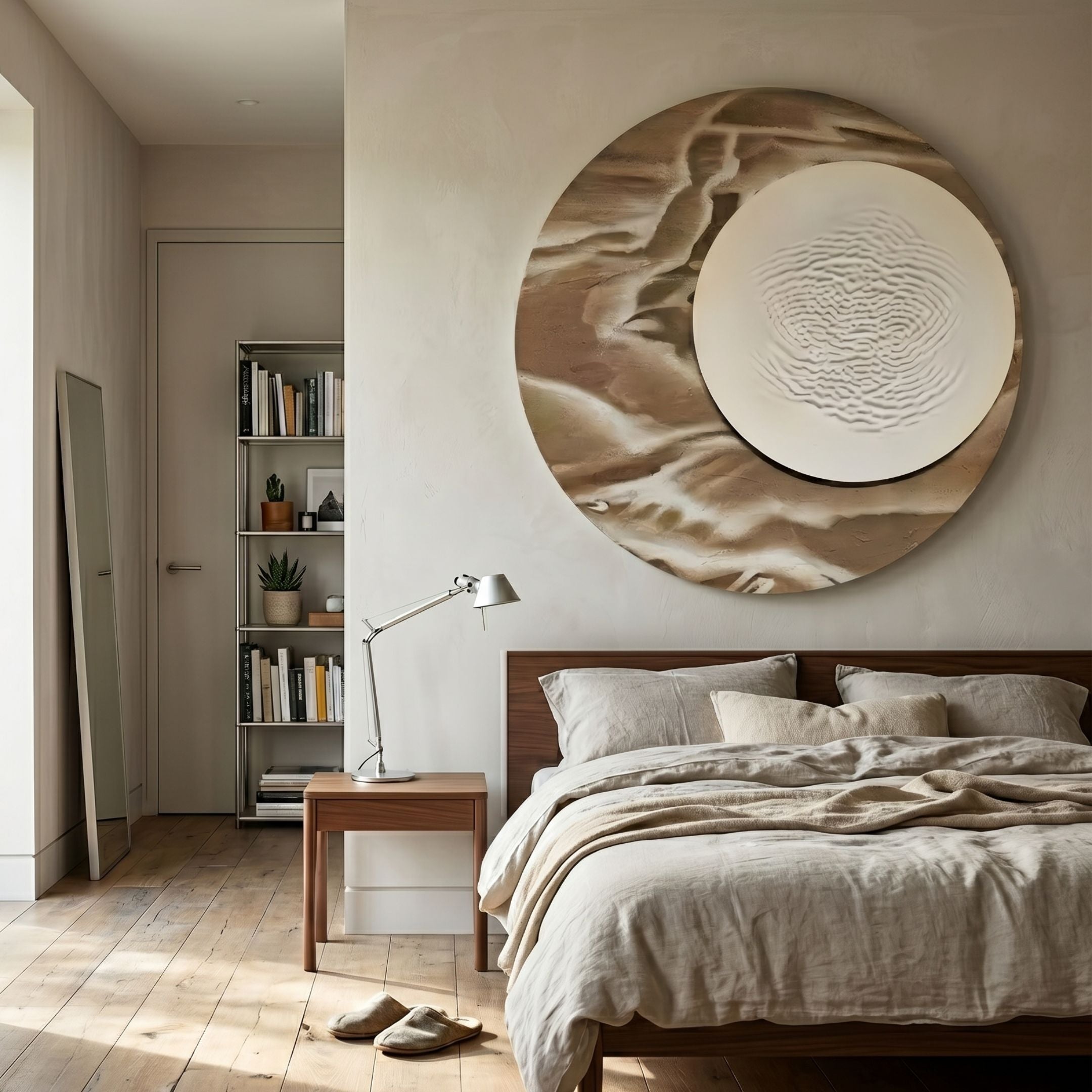 Reveria Sandy Beige Abstract Wood Carving 3D Wall Art mounted above a walnut bed with linen bedding, beside a bookshelf and floor mirror in a neutral bedroom.