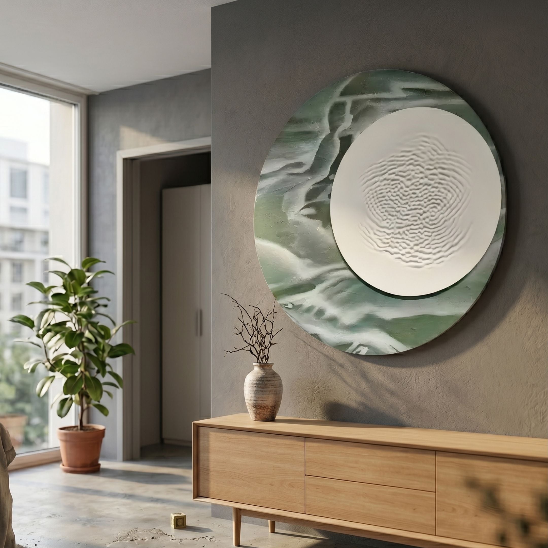 Reveria Sage Green Abstract Wood Carving 3D Wall Art displayed in a modern hallway above an oak sideboard with a vase and potted plant nearby.