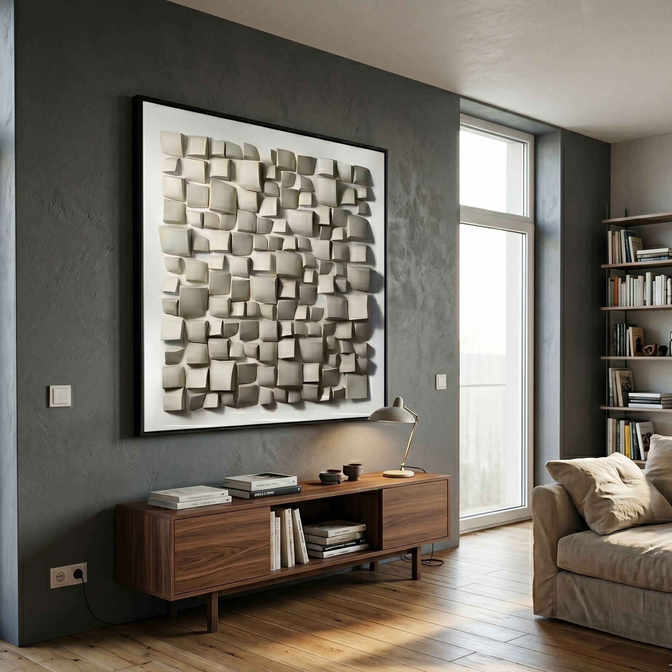Exalta Wood Relief Framed 3D Wall Art by Giant Sculptures displayed above a walnut sideboard in a grey-walled living room with bookshelf and linen sofa.
