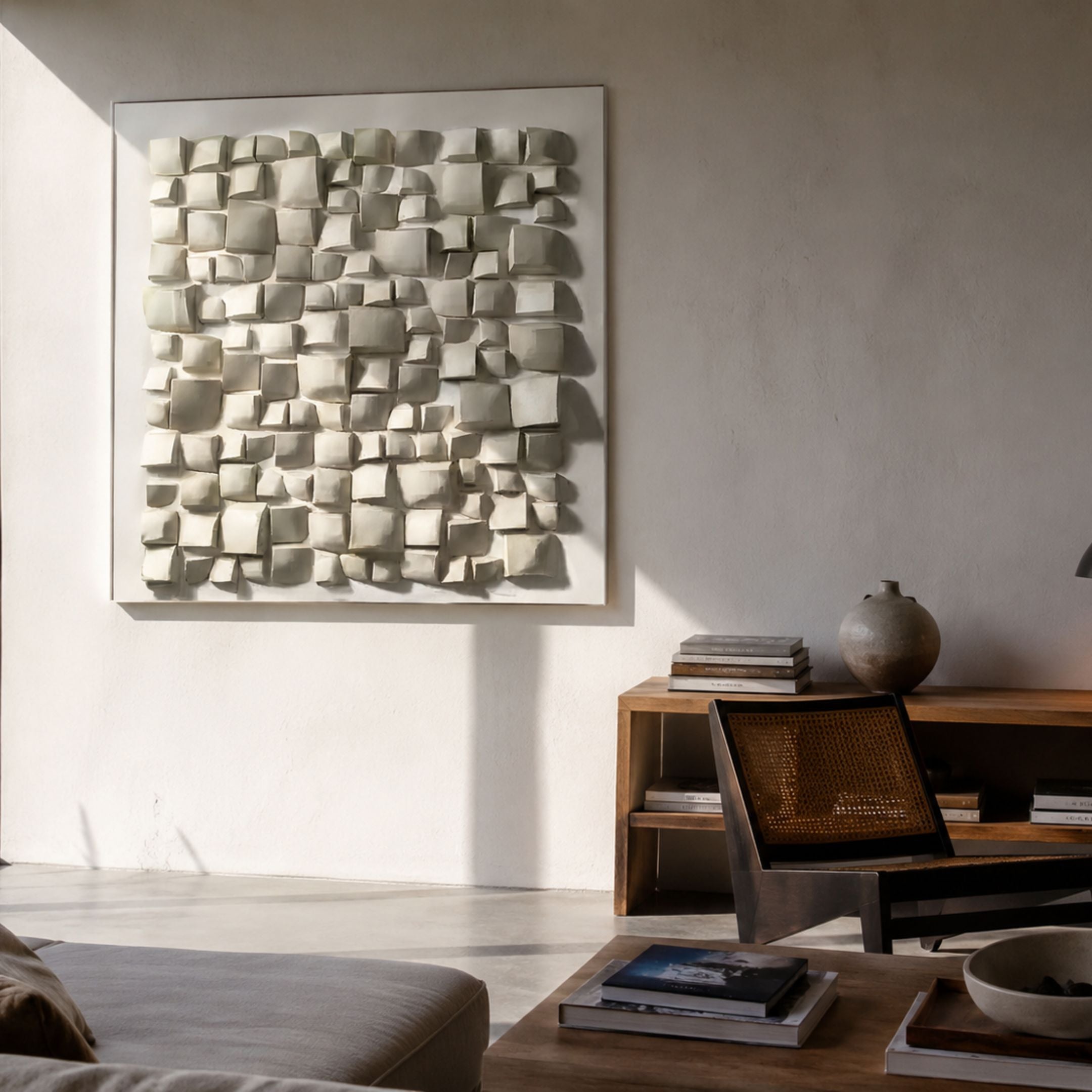 Exalta Wood Relief 3D Wall Art In Acrylic Box by Giant Sculptures displayed above a wooden console with books, a vase, and a cane chair in a neutral living room.