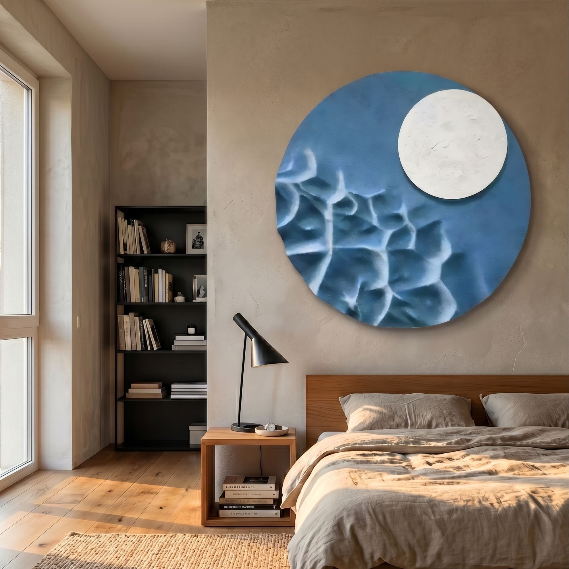 Verve Soft Blue Wood Relief 3D Wall Art by Giant Sculptures, a round blue carved disc with white moon, mounted above a wooden bed beside a black bookshelf.