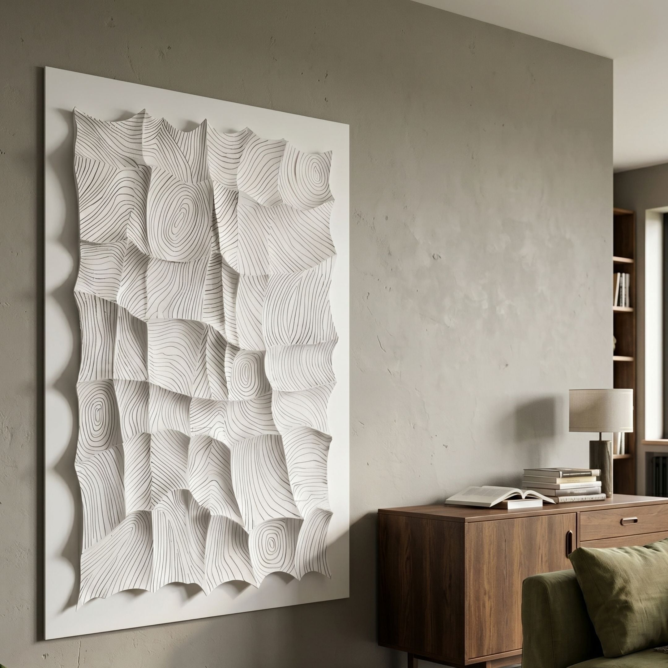 Novara White II Hand-Painted Wood Relief 3D Wall Art by Giant Sculptures displayed on a grey wall above a walnut sideboard with books and a lamp.