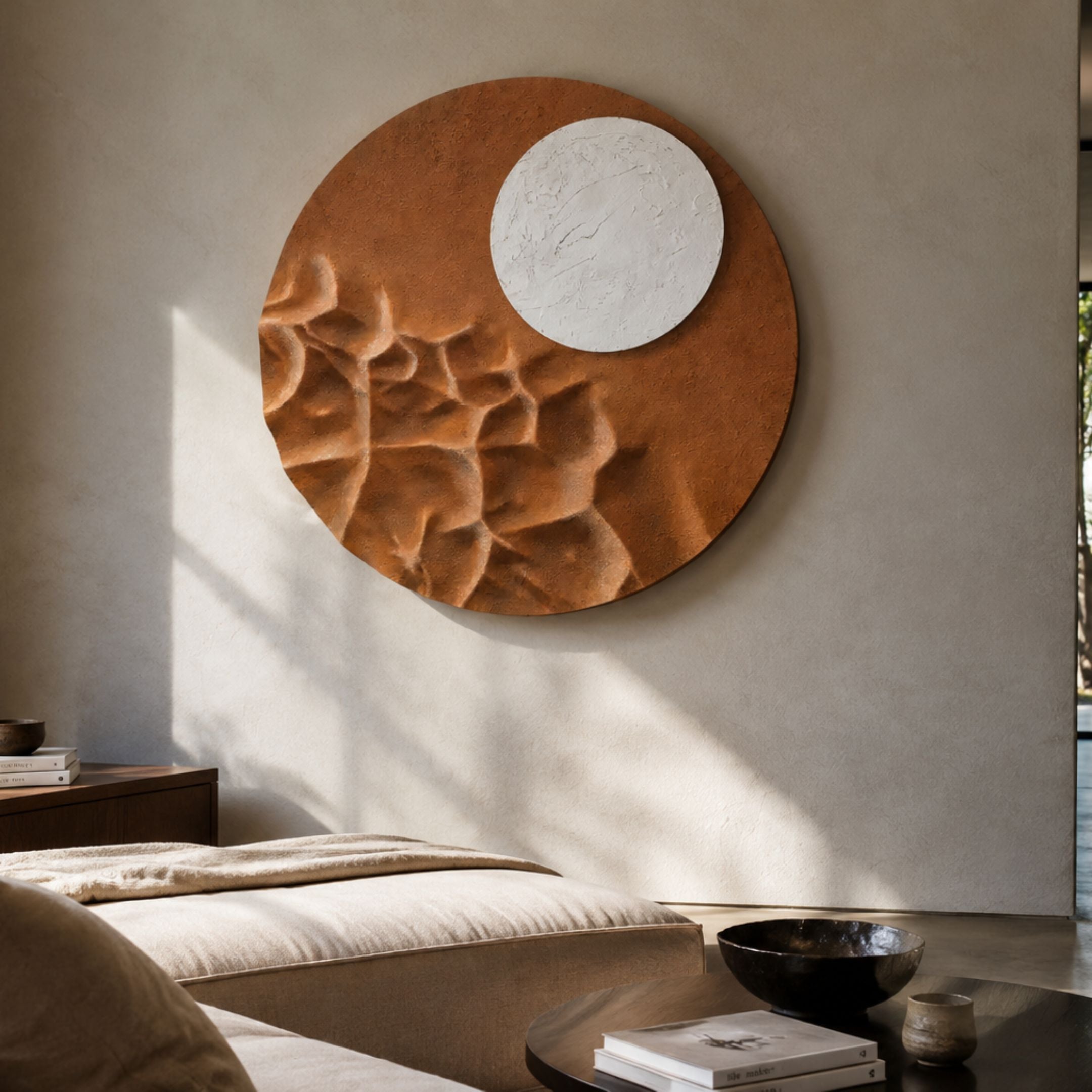 Verve Earthy Brown Wood Relief 3D Wall Art by Giant Sculptures, a round panel with textured brown ridges and white disc, mounted above a bedroom bench.