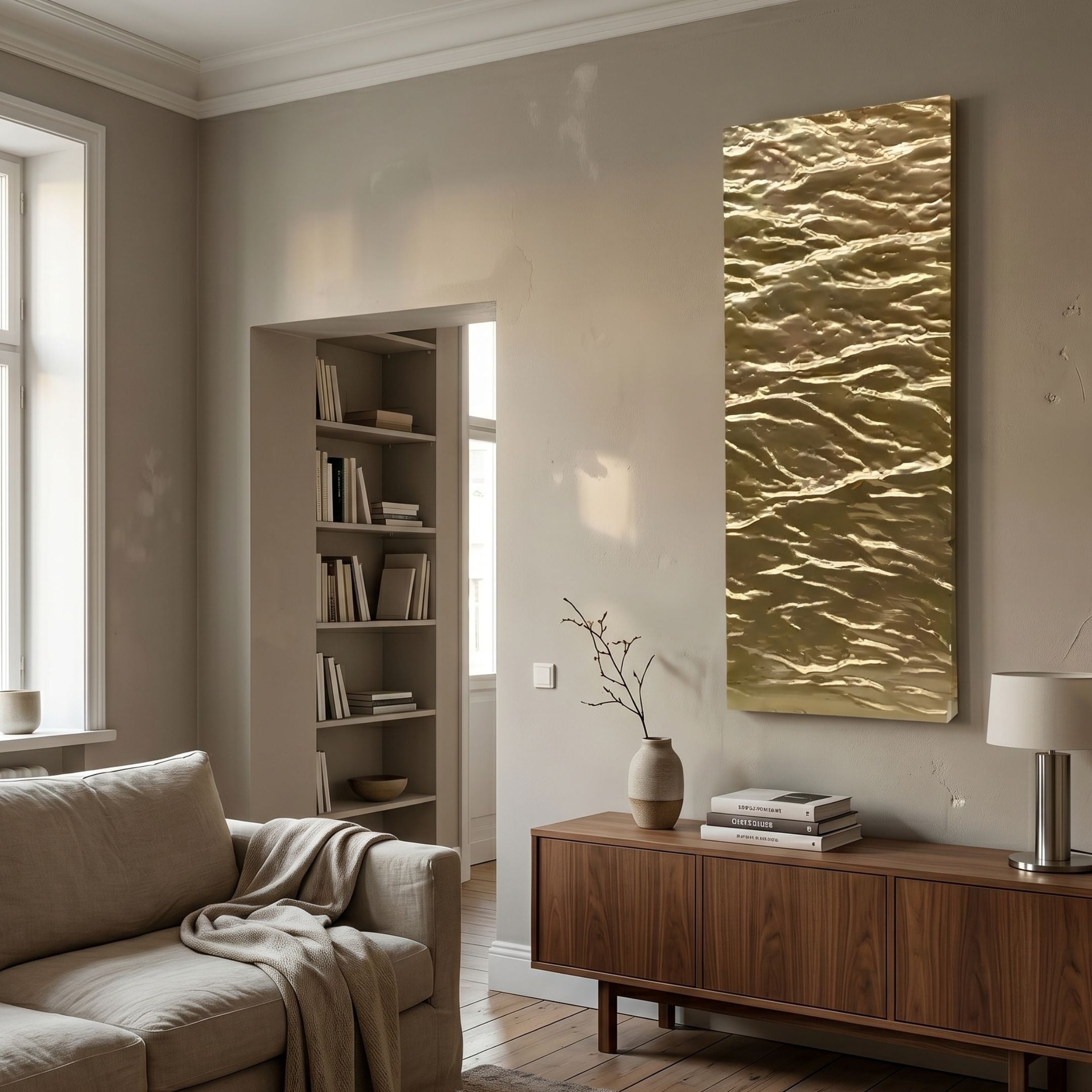 Illume Gold IV Hand-Painted Wood Relief 3D Wall Art by Giant Sculptures, a tall rippled gold panel mounted above a walnut sideboard in a neutral living room.