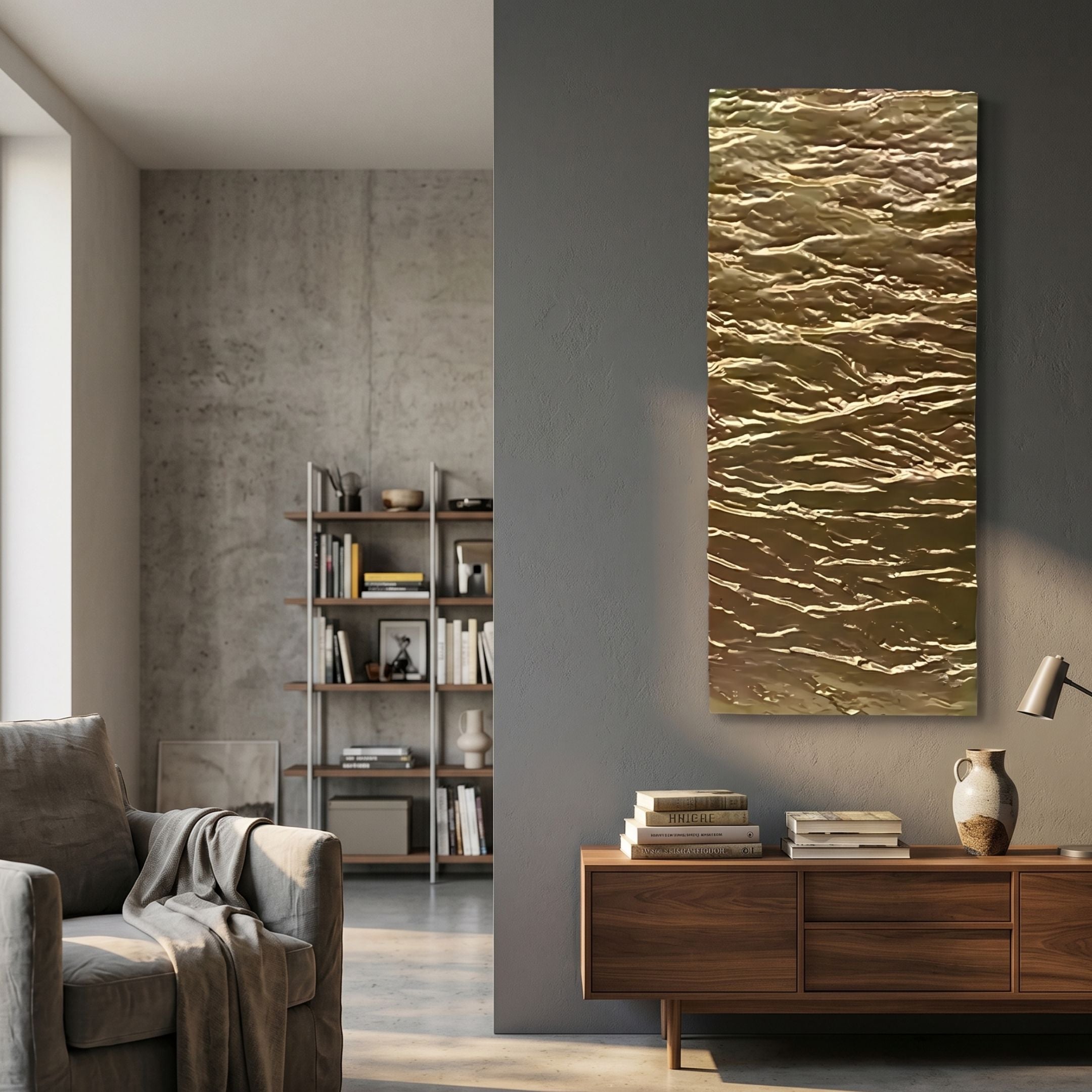 Illume Gold III Hand-Painted Wood Relief 3D Wall Art mounted on a grey wall in a modern living room with a wooden sideboard, books, and grey armchair.