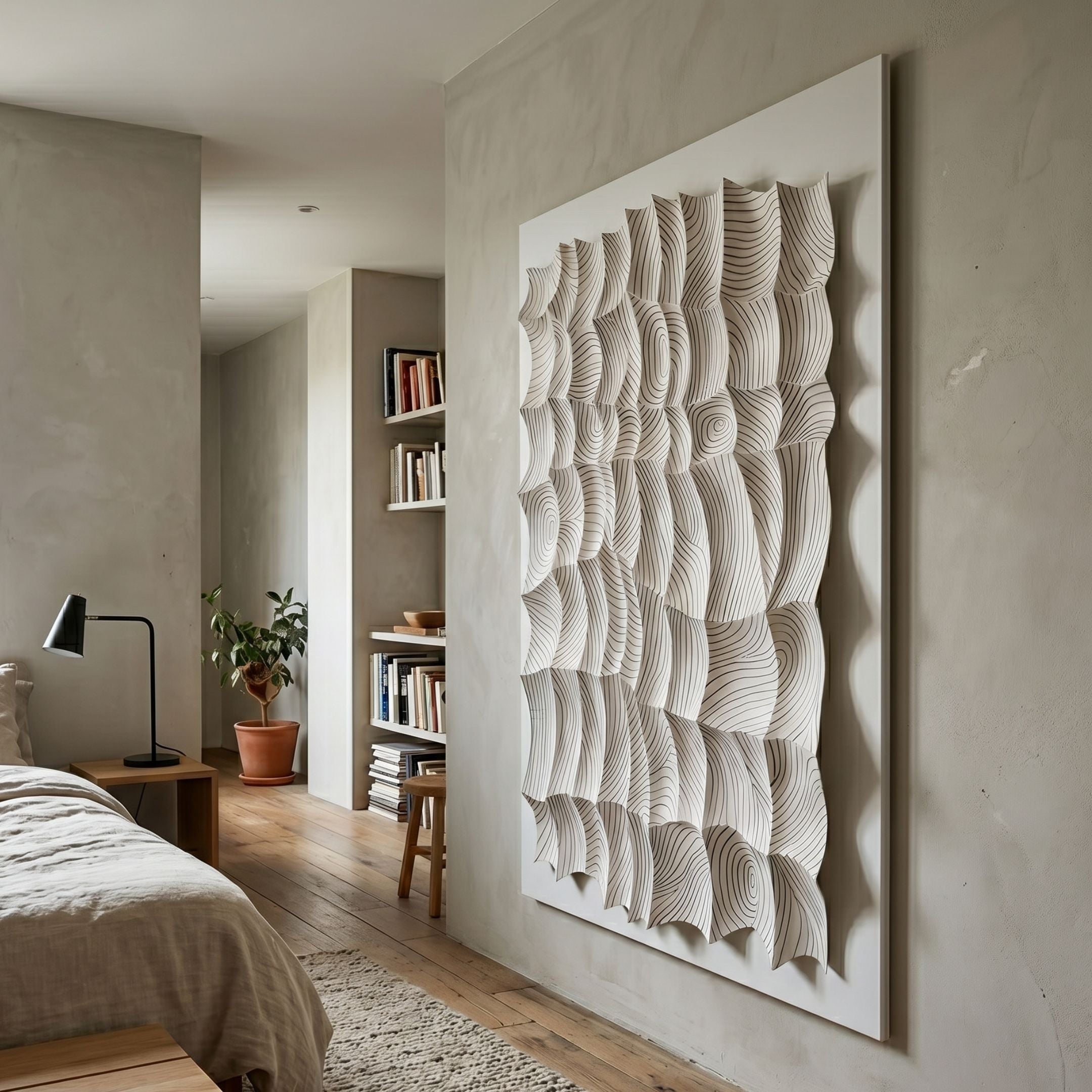 Novara White I Hand-Painted Wood Relief 3D Wall Art by Giant Sculptures mounted in a minimalist bedroom beside a bookshelf, plant, and bedside lamp.