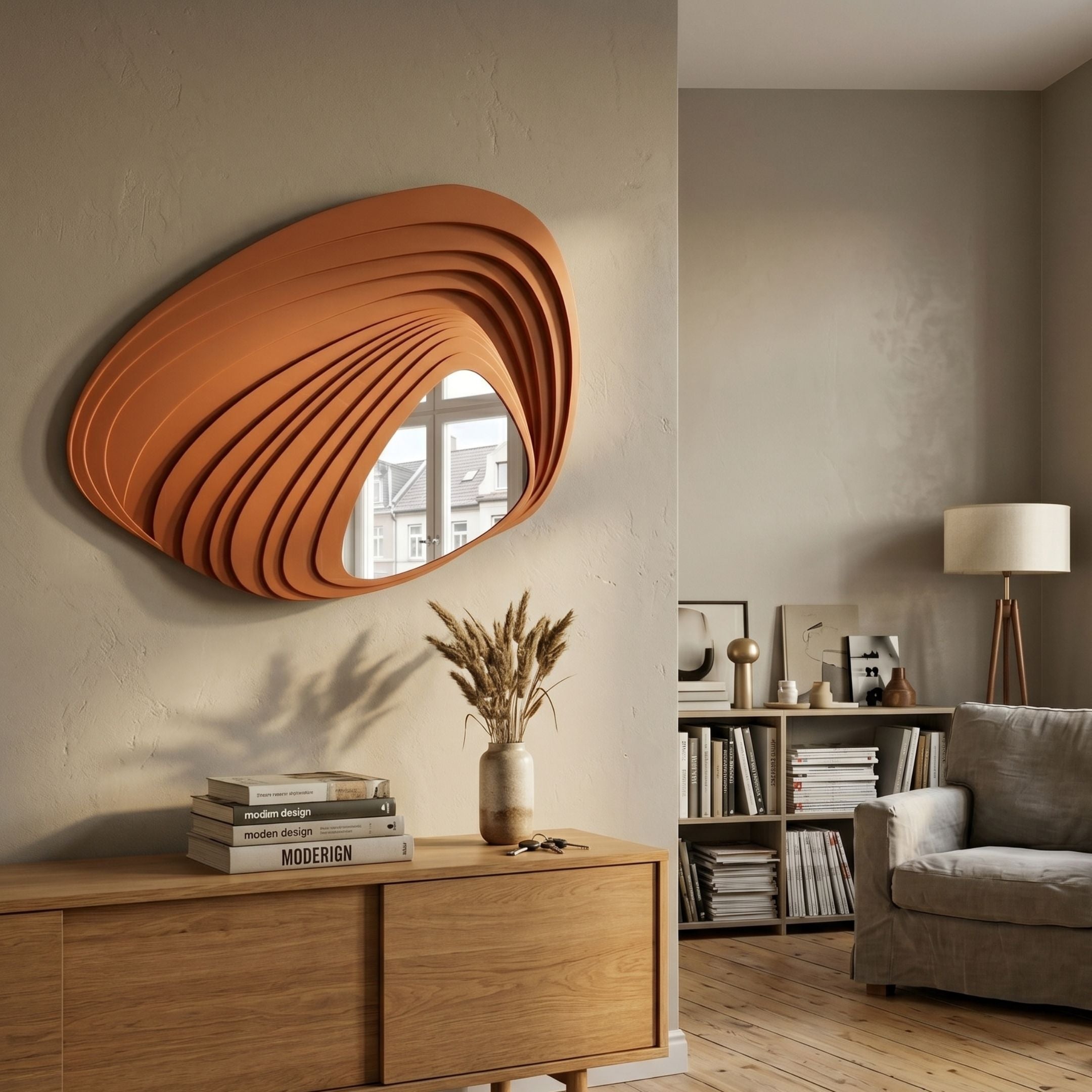 Reflecta Orange Wood Carving Mirror 3D Wall Art by Giant Sculptures mounted above a wooden sideboard with books and dried grasses in a neutral living room.