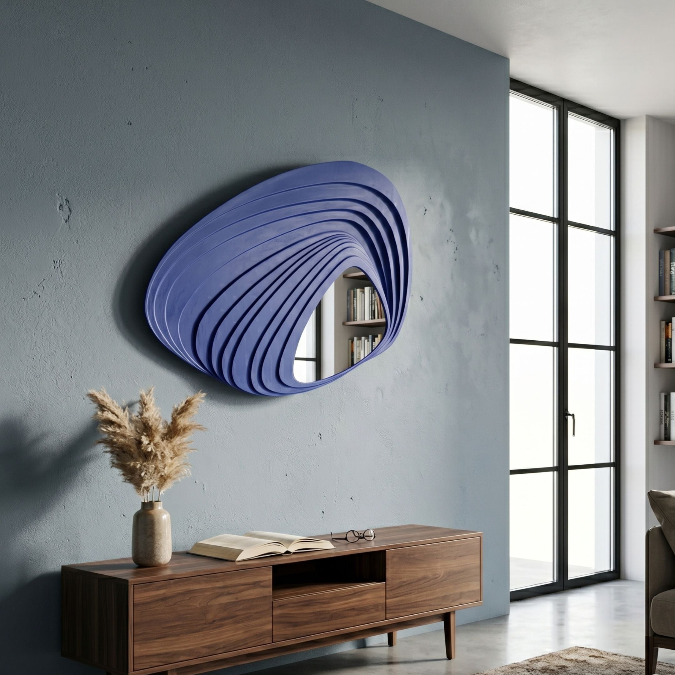 Reflecta Blue Wood Carving Mirror 3D Wall Art by Giant Sculptures, layered curved blue panels with a central mirrored aperture, mounted above a walnut console.