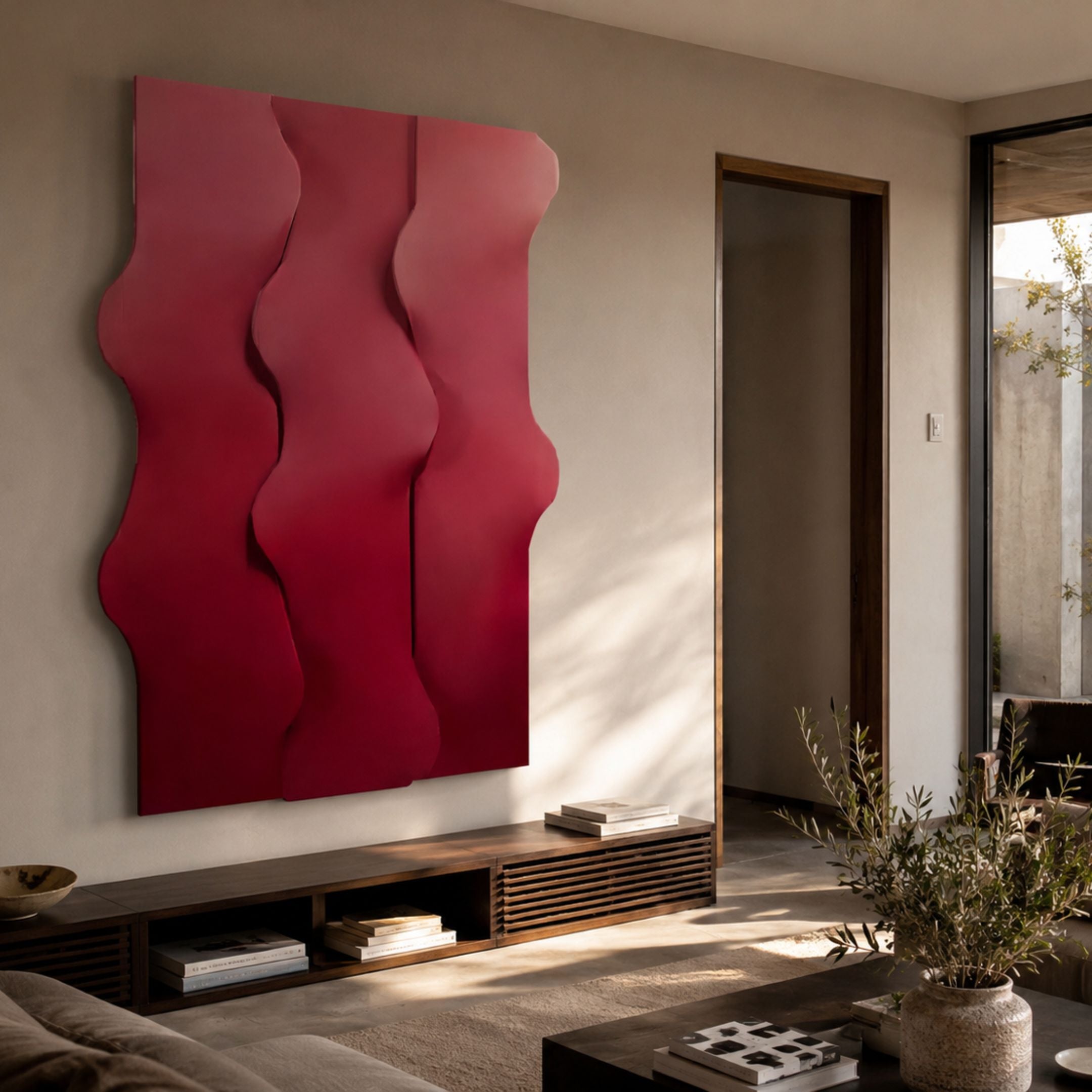 Mystique Red Fabric Abstract Wood Relief 3D Wall Art mounted above a slatted wood console in a sunlit living room with neutral walls and an open doorway.