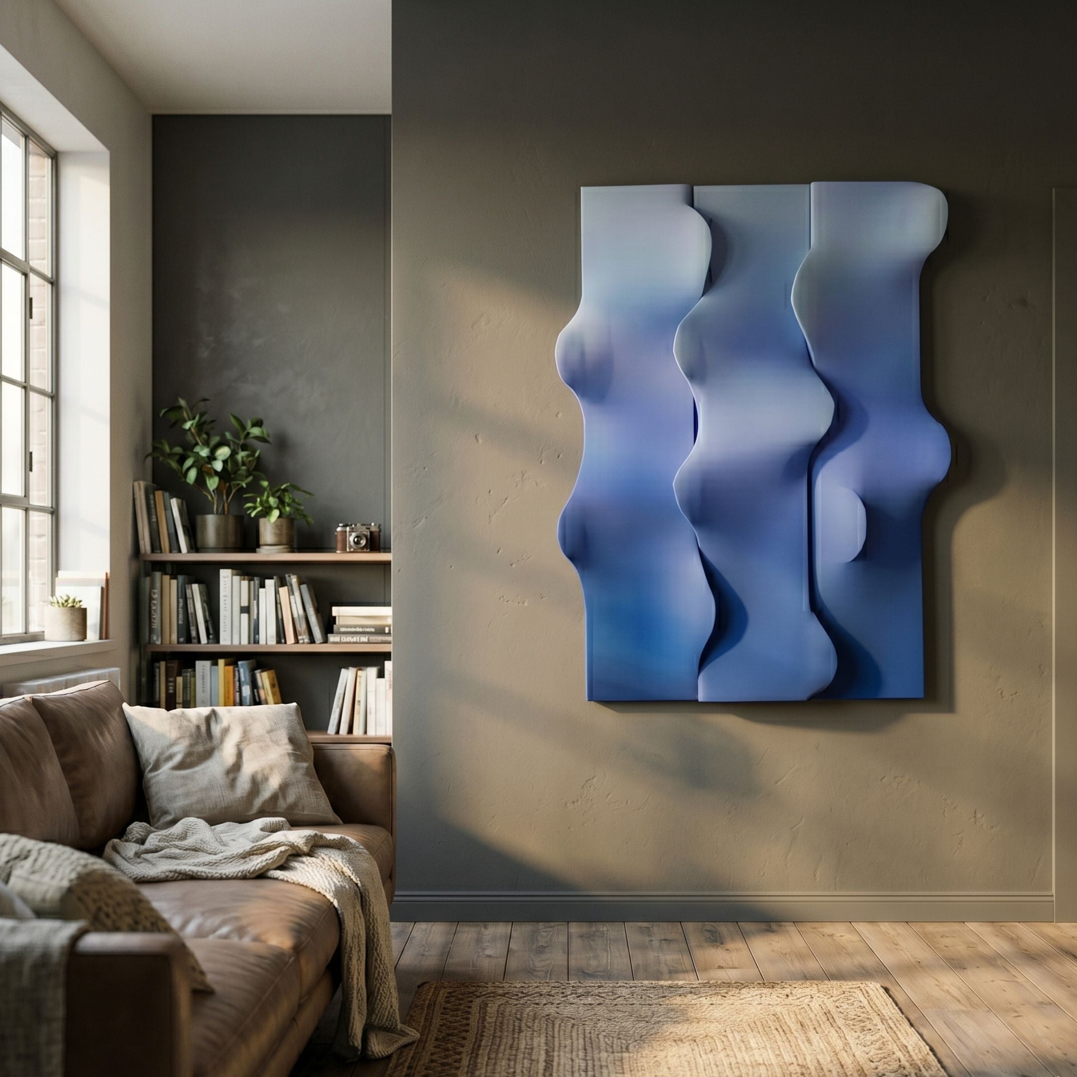 Mystique Blue Fabric Abstract Wood Relief 3D Wall Art by Giant Sculptures, a triptych of wavy blue gradient panels mounted above a leather sofa and bookshelf.