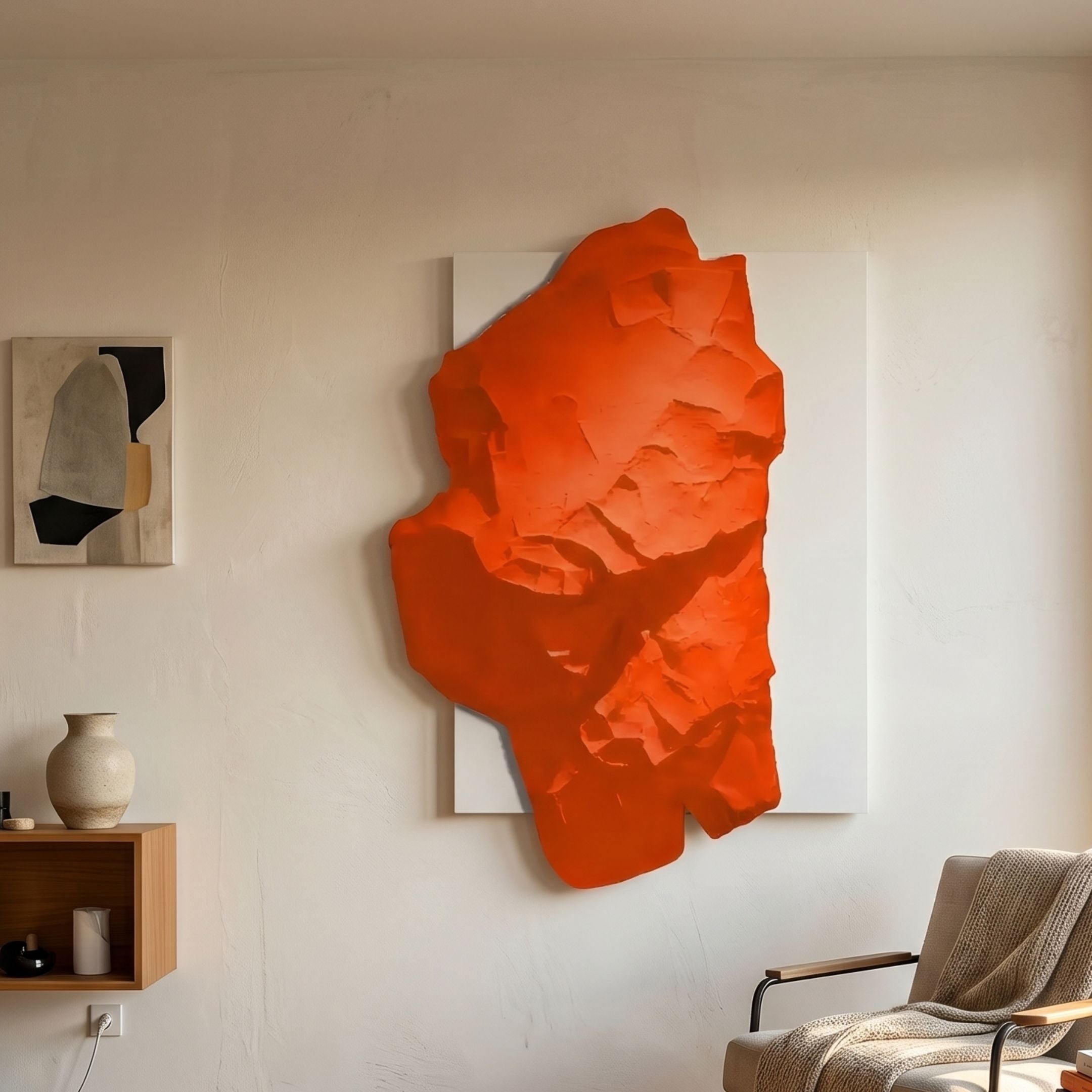 Veritas White & Orange Wood Relief 3D Wall Art by Giant Sculptures displayed in a living room above a wooden shelf with a vase, beside an armchair.