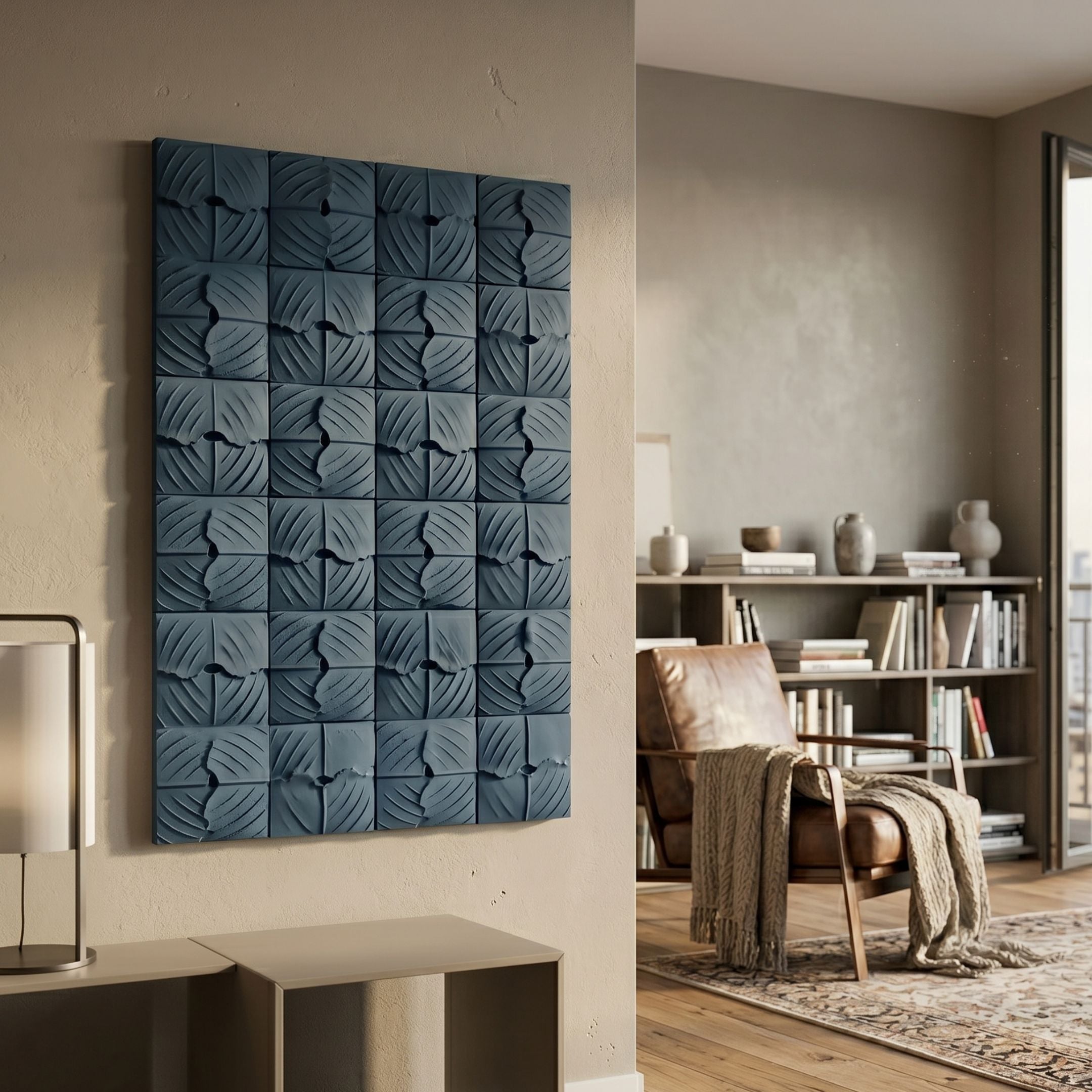 Vellura Blue Textured Wood Relief 3D Wall Art by Giant Sculptures mounted on a beige wall in a modern living room with a leather armchair and bookshelf.