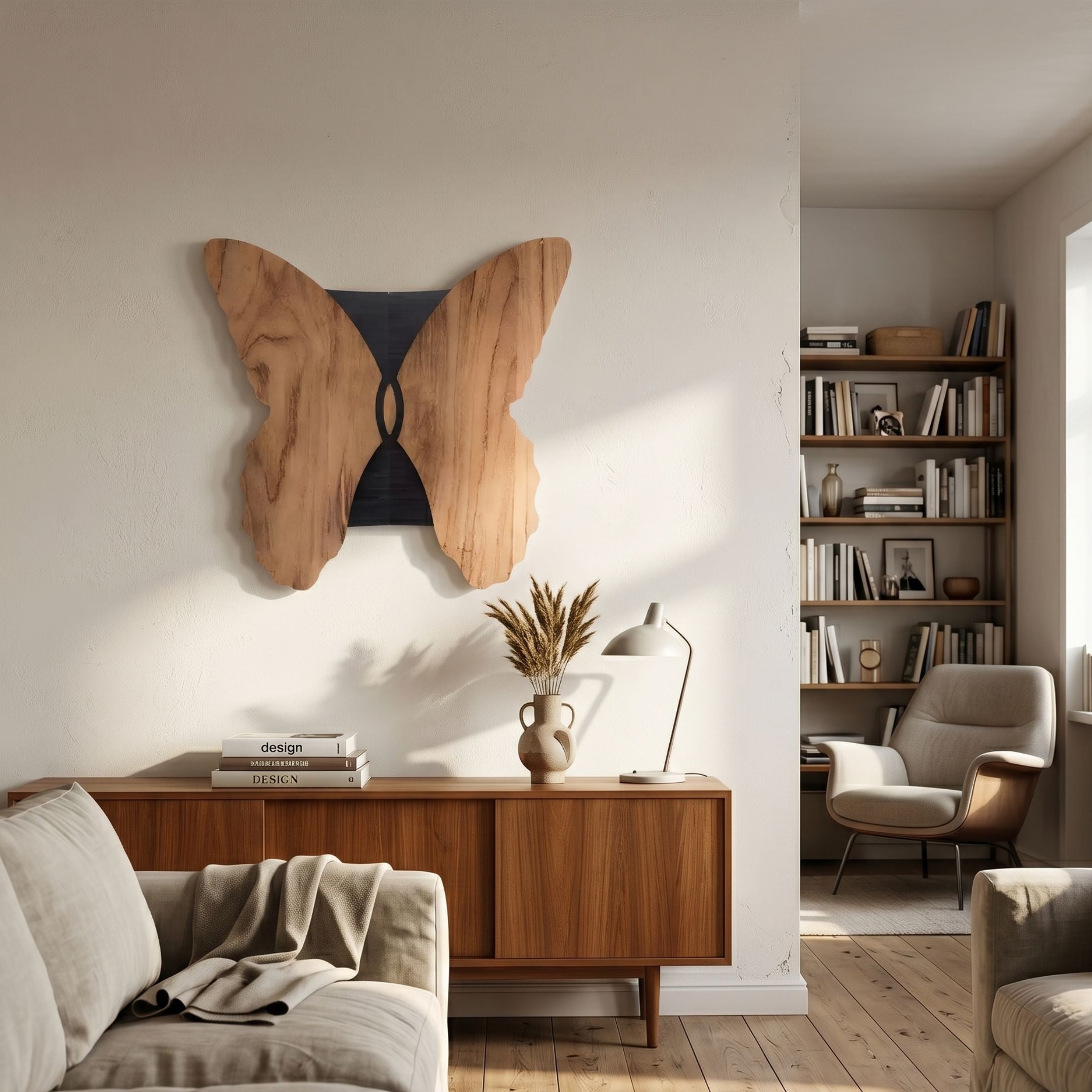 Lucerna Maple Butterfly Wood Carving 3D Wall Art mounted above a walnut sideboard in a living room, beside a bookshelf nook with armchair and neutral sofa.