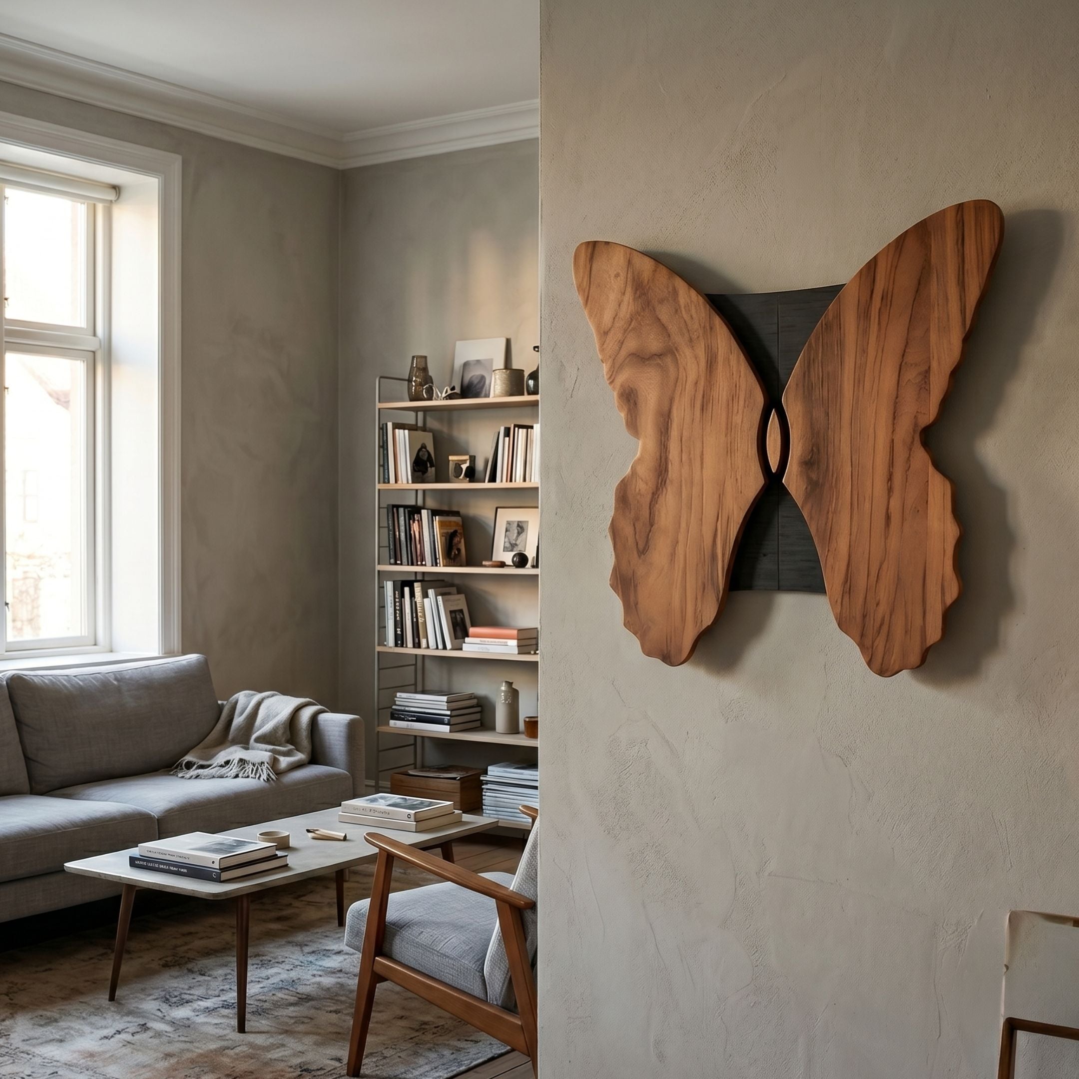 Lucerna Teak Butterfly Wood Carving 3D Wall Art by Giant Sculptures mounted on a beige wall beside a living room with grey sofa, bookshelf, and coffee table.