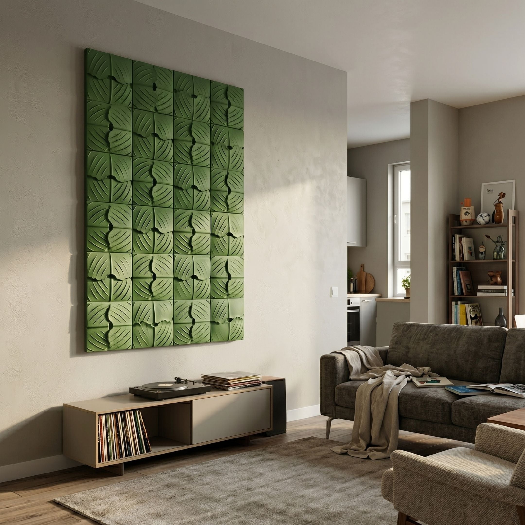 Vellura Green Textured Wood Relief 3D Wall Art by Giant Sculptures mounted in a modern living room above a record player console, beside a grey sofa.