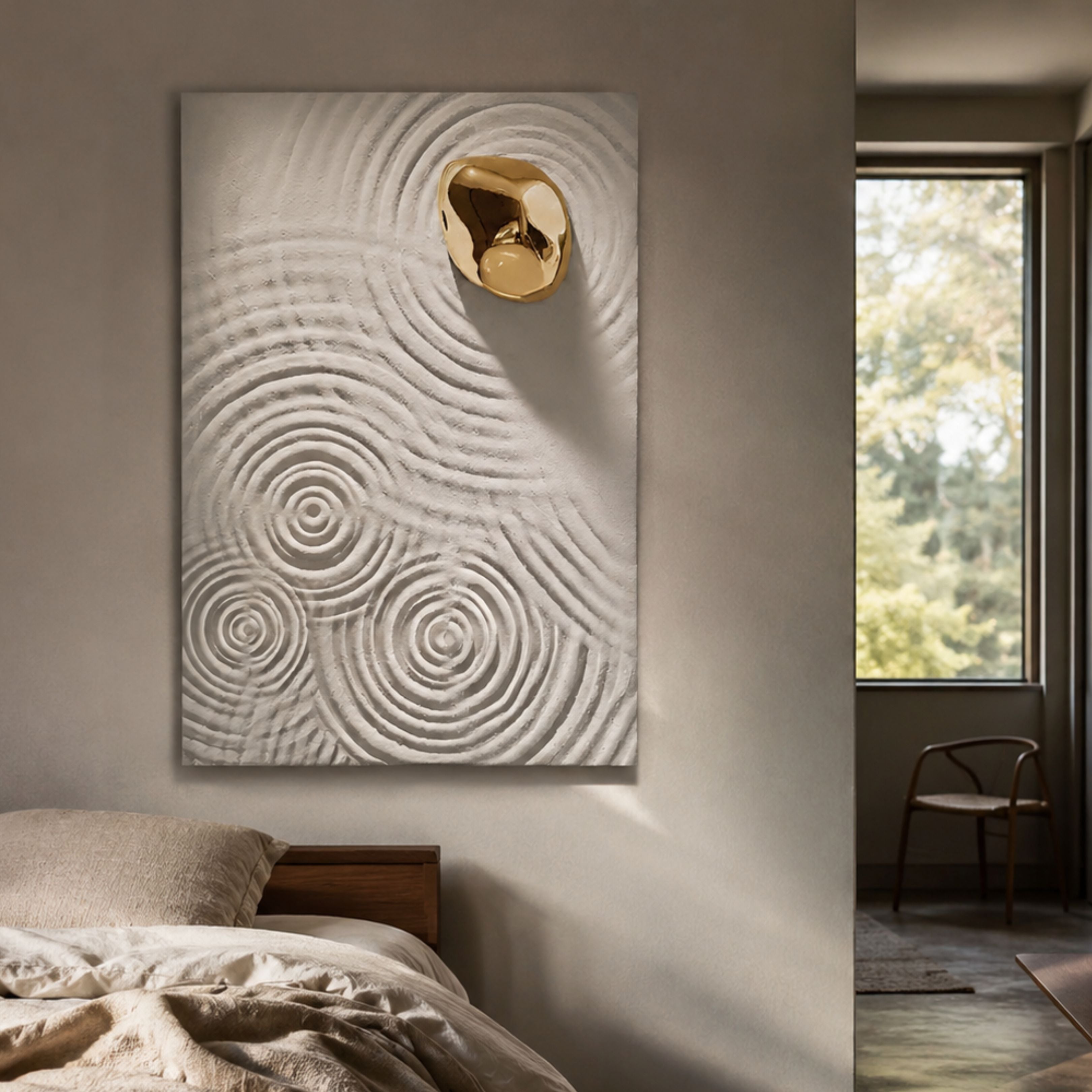 Ondella Gold Ripple IV Sandstone Wood Relief 3D Wall Art by Giant Sculptures displayed above a bed in a neutral bedroom, with daylight from a side window.