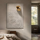 Ondella Gold Ripple IV Sandstone Wood Relief 3D Wall Art by Giant Sculptures displayed above a bed in a neutral bedroom, with daylight from a side window.