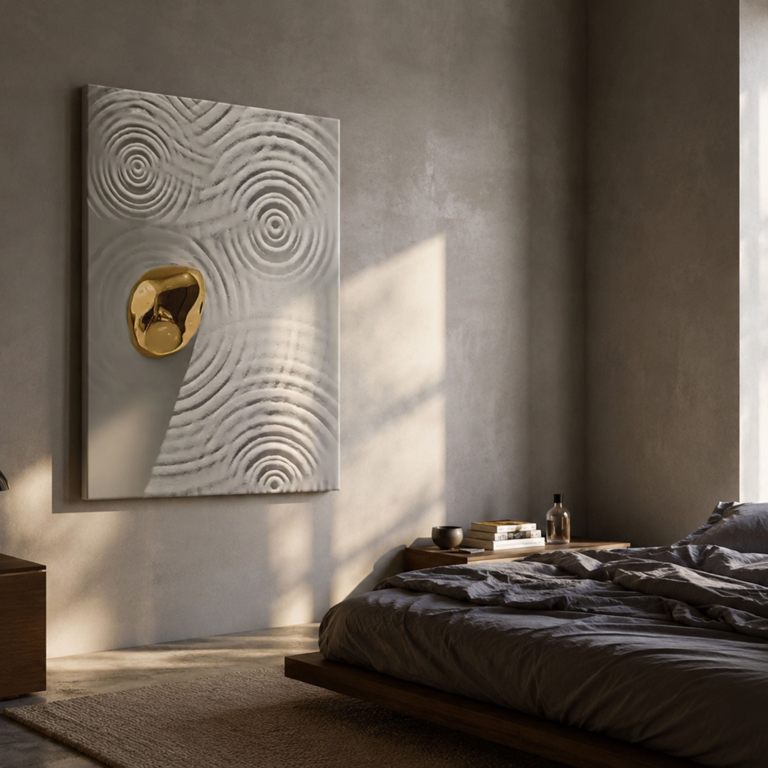 Ondella Gold Ripple III Sandstone Wood Relief 3D Wall Art by Giant Sculptures, mounted in a bedroom above a wooden nightstand beside a bed with grey linens.